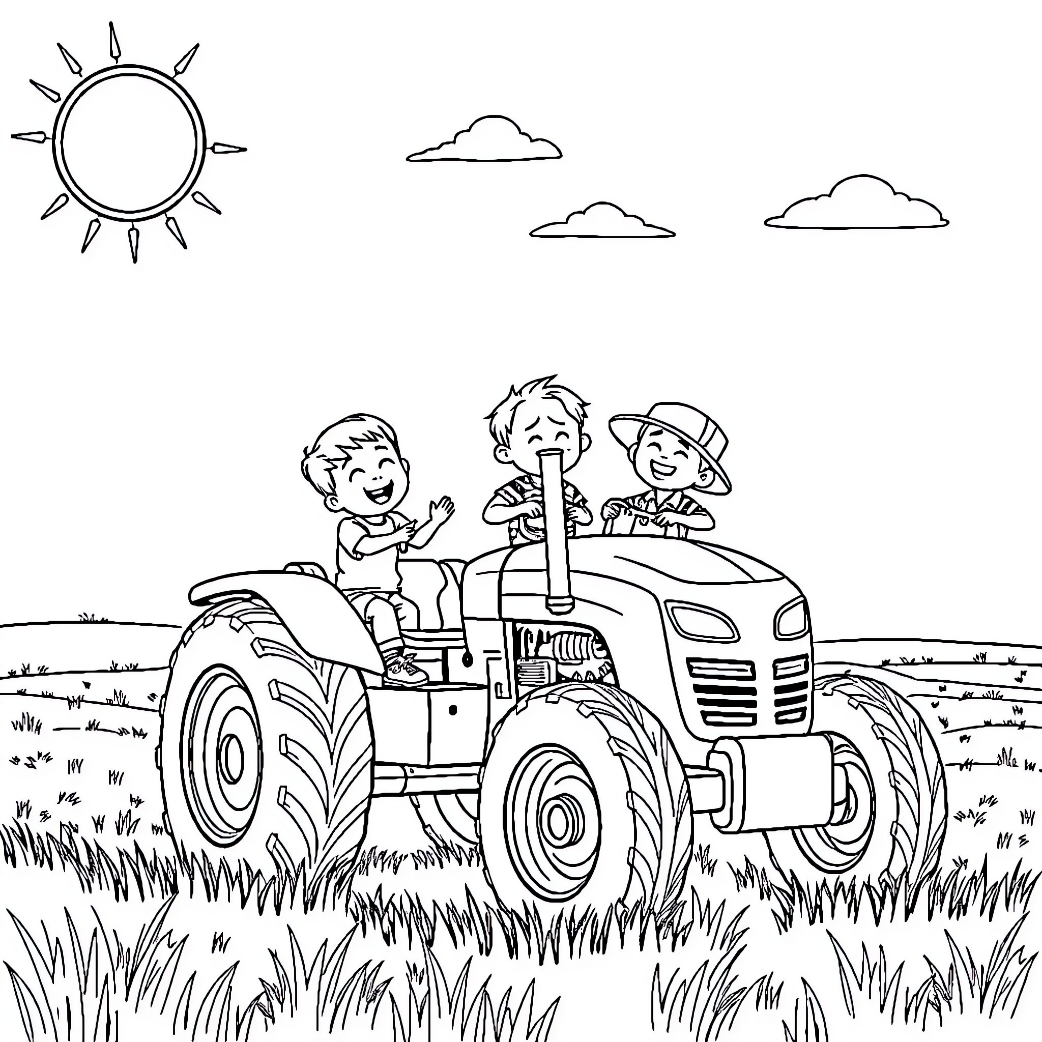 Tractor ride with happy children on a sunny day Coloring Page (free black-and-white line drawing printable PDF for all, from beginners to advanced learners, including children, teens, adults, and seniors)