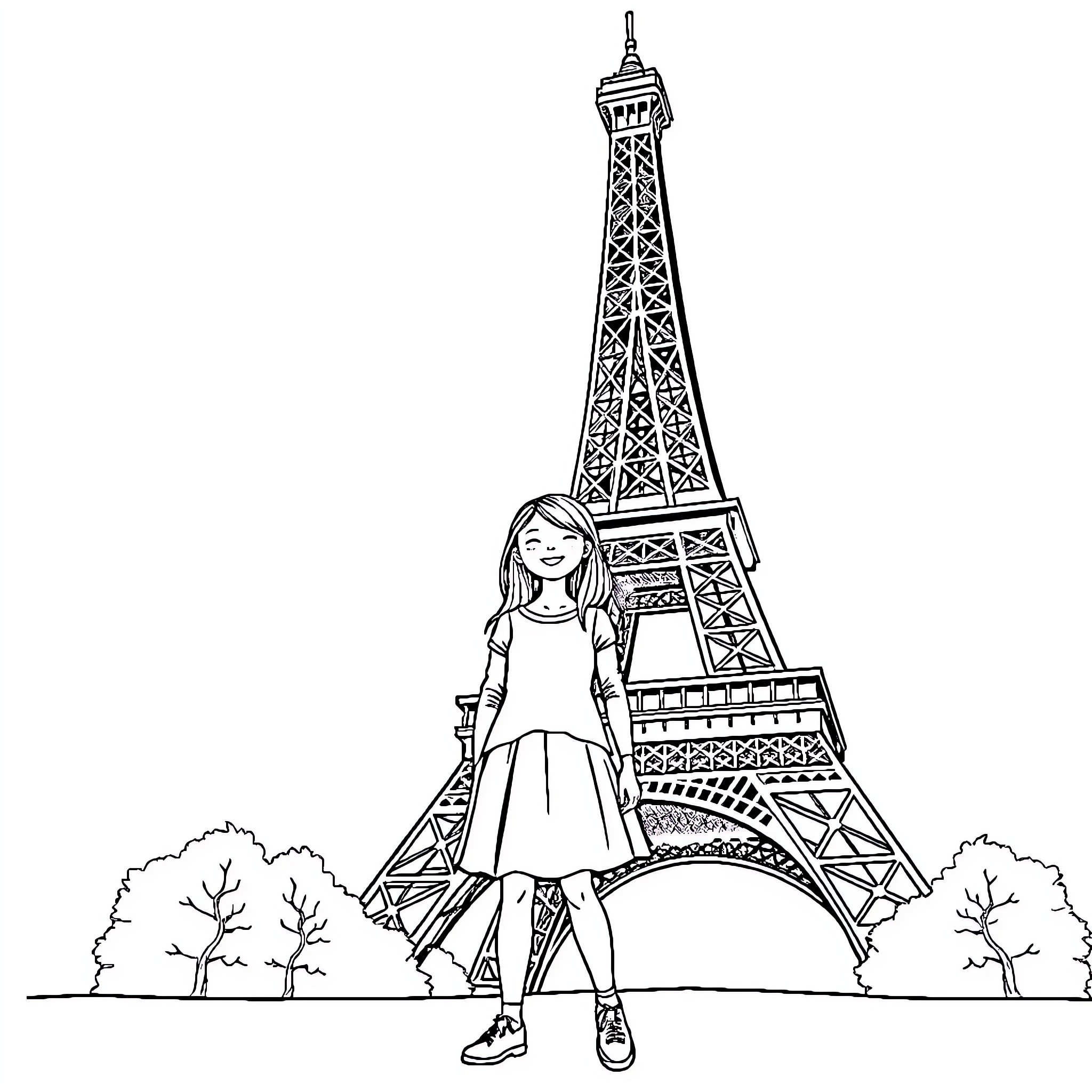 Girl standing in front of the Eiffel Tower Coloring Page (free black-and-white line drawing printable PDF for all, from beginners to advanced learners, including children, teens, adults, and seniors)