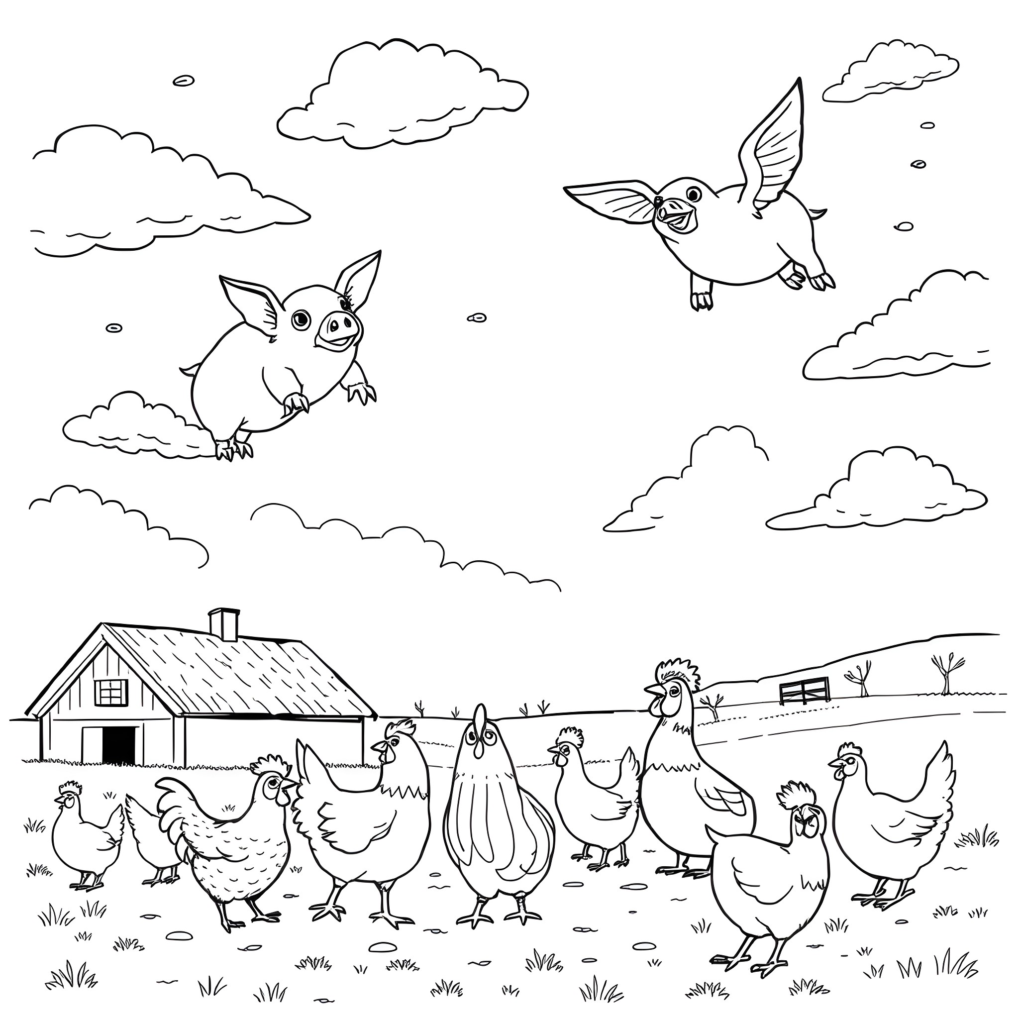 Pigs flying and frolicking on a farm Coloring Page (free black-and-white line drawing printable PDF for all, from beginners to advanced learners, including children, teens, adults, and seniors)