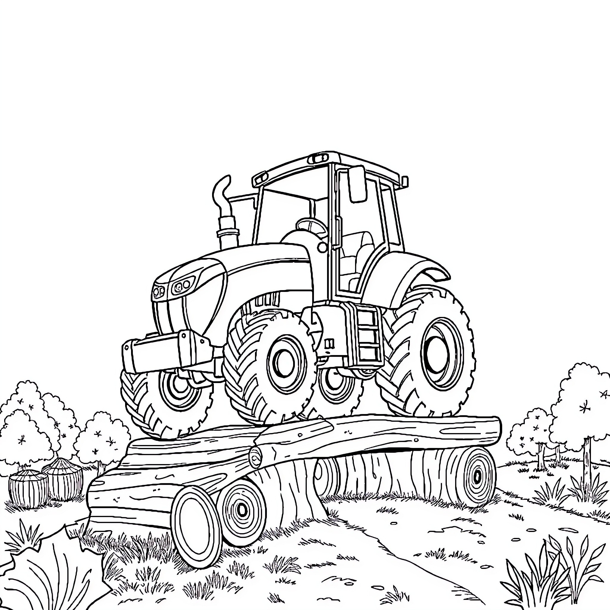 Tractor transporting logs through rural landscape Coloring Page (free black-and-white line drawing printable PDF for all, from beginners to advanced learners, including children, teens, adults, and seniors)