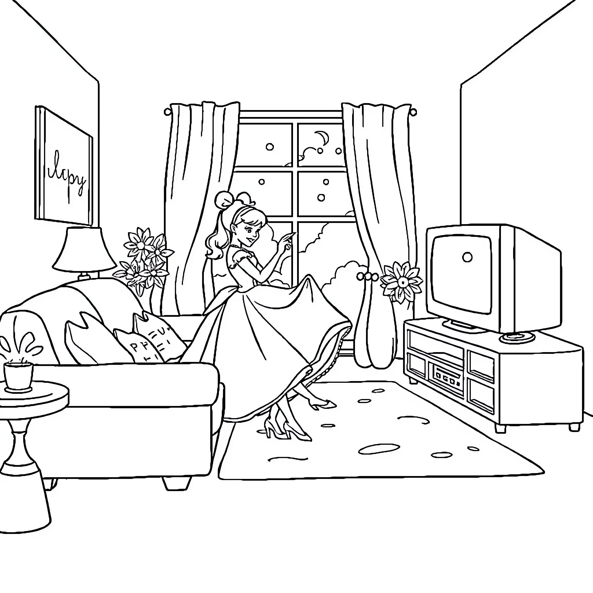 Cinderella enjoying herself in her living room Coloring Page (free black-and-white line drawing printable PDF for all, from beginners to advanced learners, including children, teens, adults, and seniors)