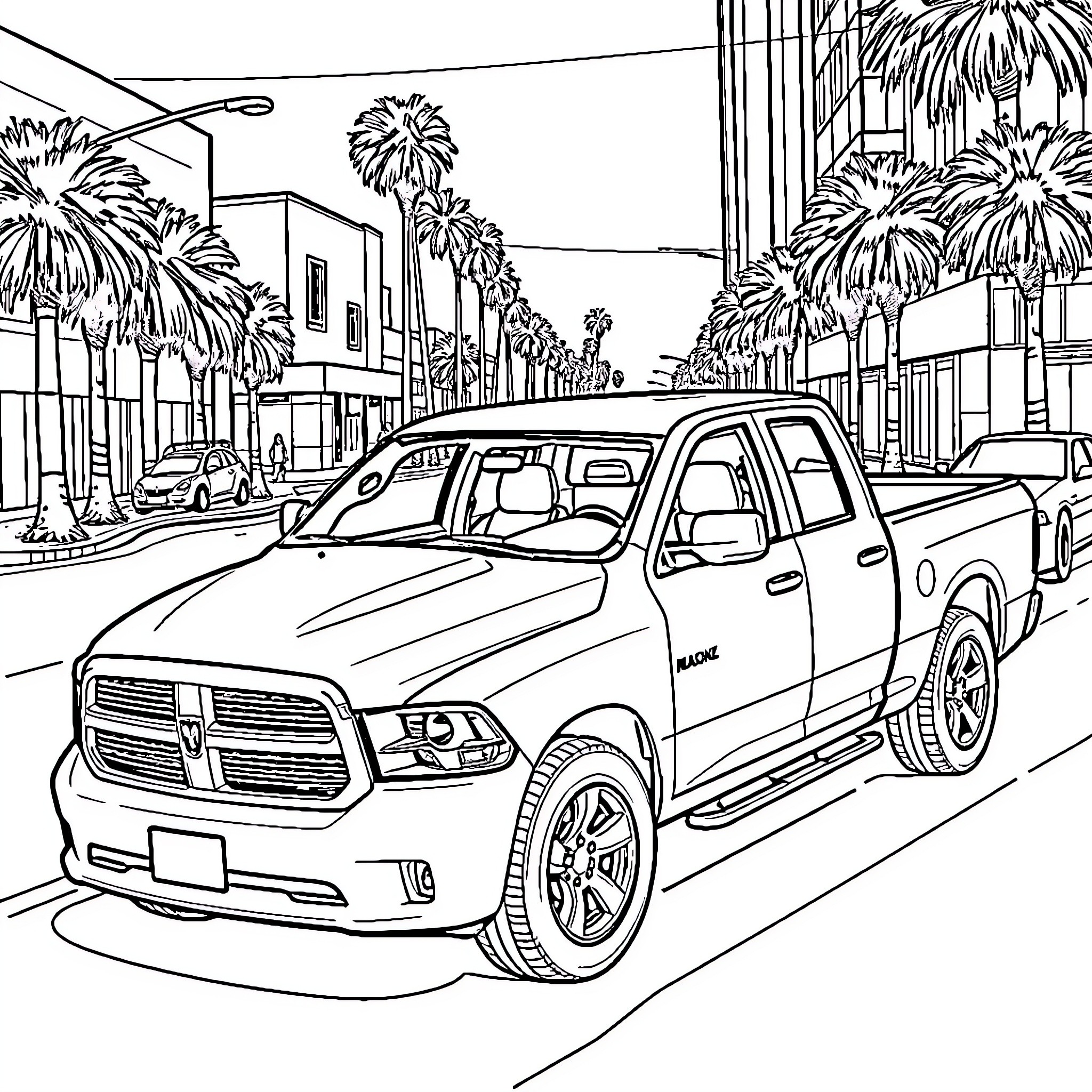 Truck driving down a street lined with palm trees Coloring Page (free black-and-white line drawing printable PDF for all, from beginners to advanced learners, including children, teens, adults, and seniors)