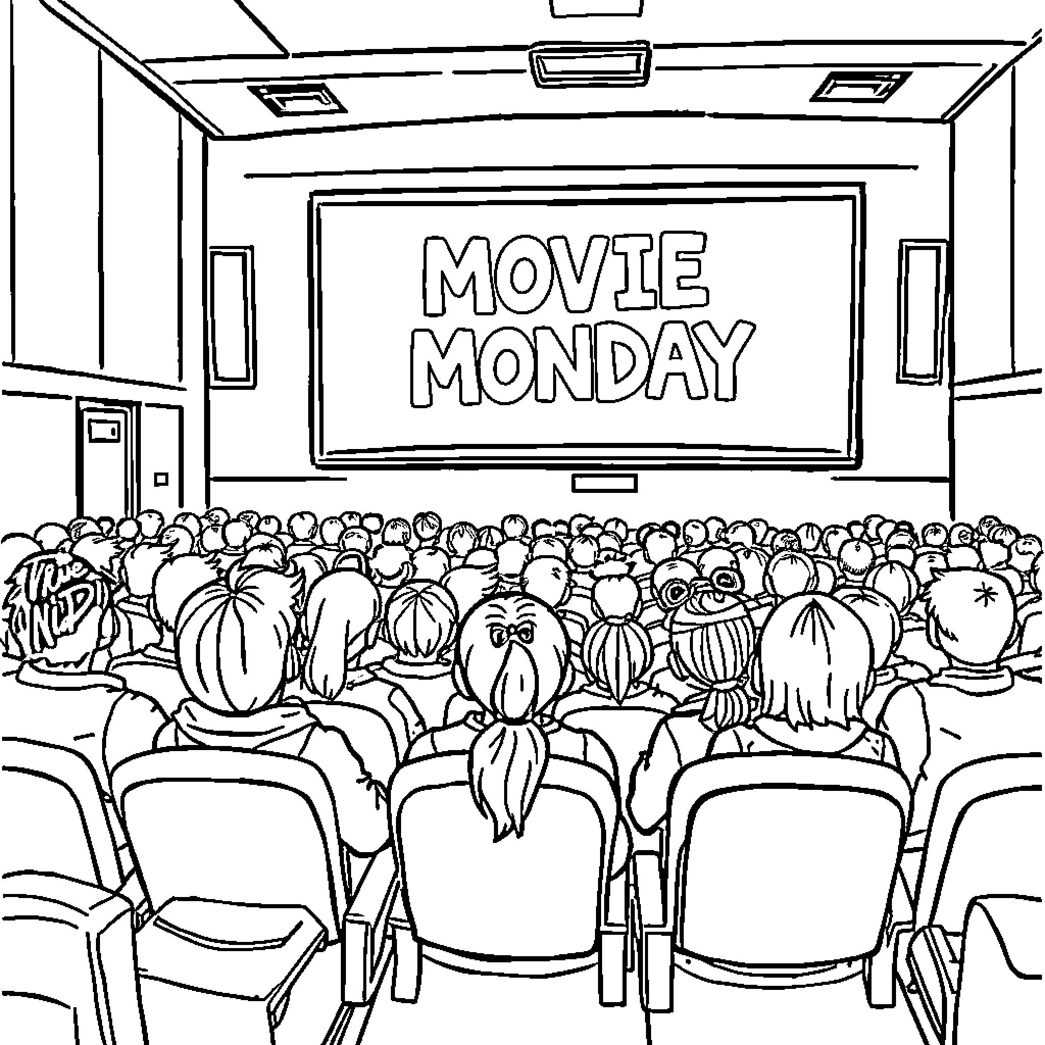 Movie Monday at the Cinema Coloring Page (free black-and-white line drawing printable PDF for all, from beginners to advanced learners, including children, teens, adults, and seniors)