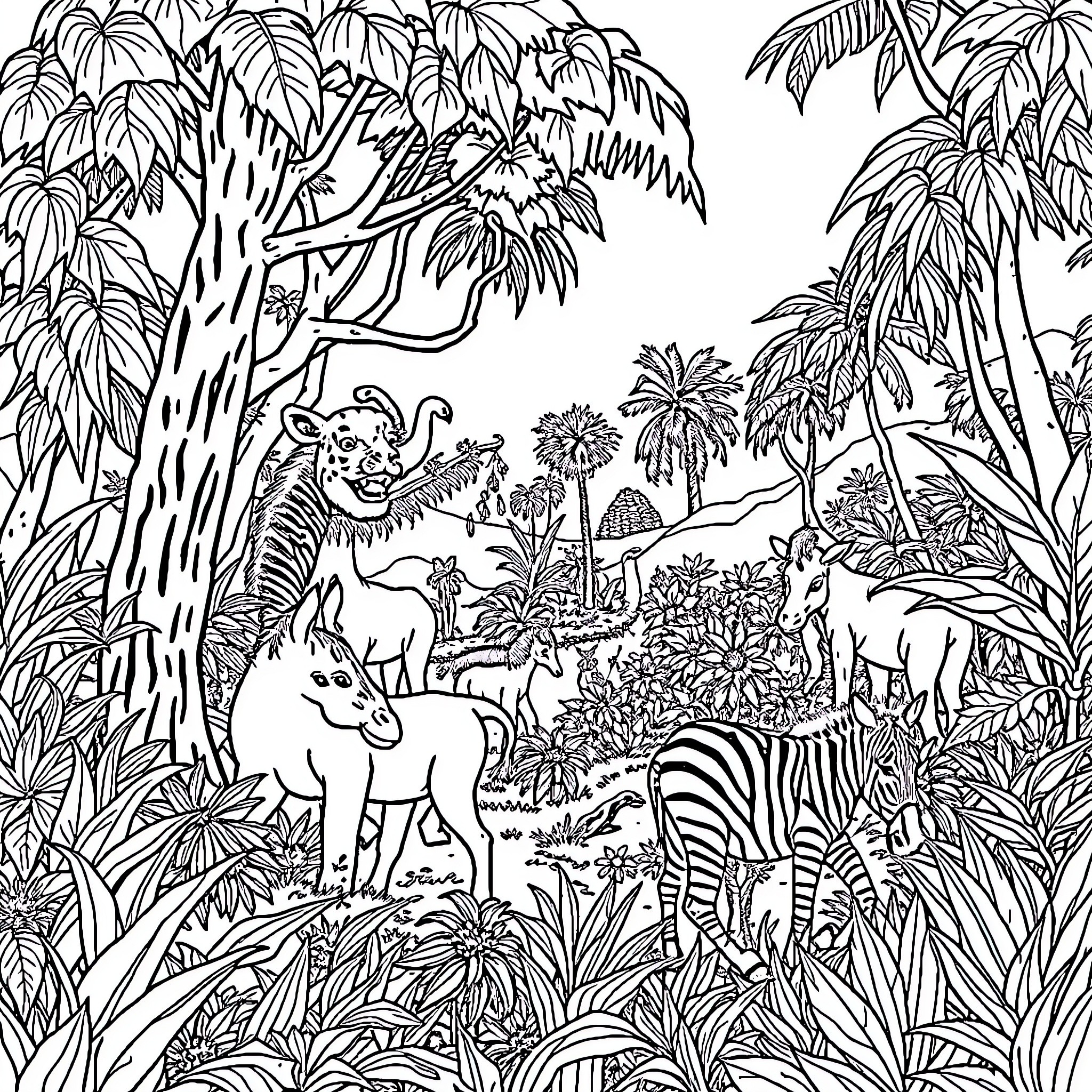 Animal wildlife in lush tropical jungle scene Coloring Page (free black-and-white line drawing printable PDF for all, from beginners to advanced learners, including children, teens, adults, and seniors)