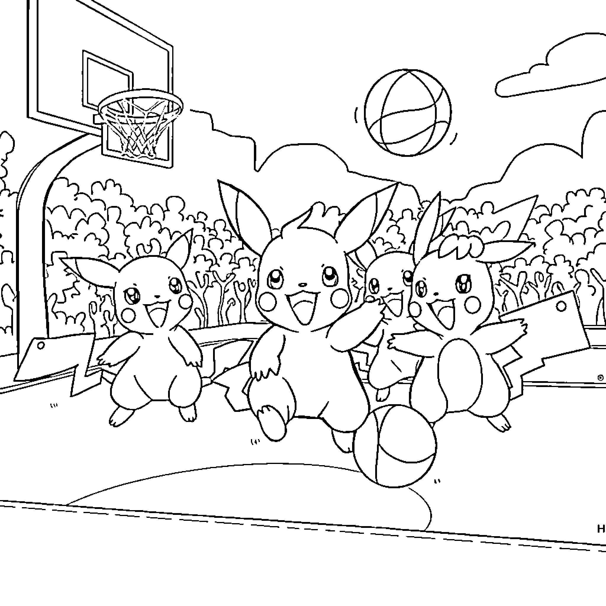 Pokémon playing basketball in the park Coloring Page (free black-and-white line drawing printable PDF for all, from beginners to advanced learners, including children, teens, adults, and seniors)