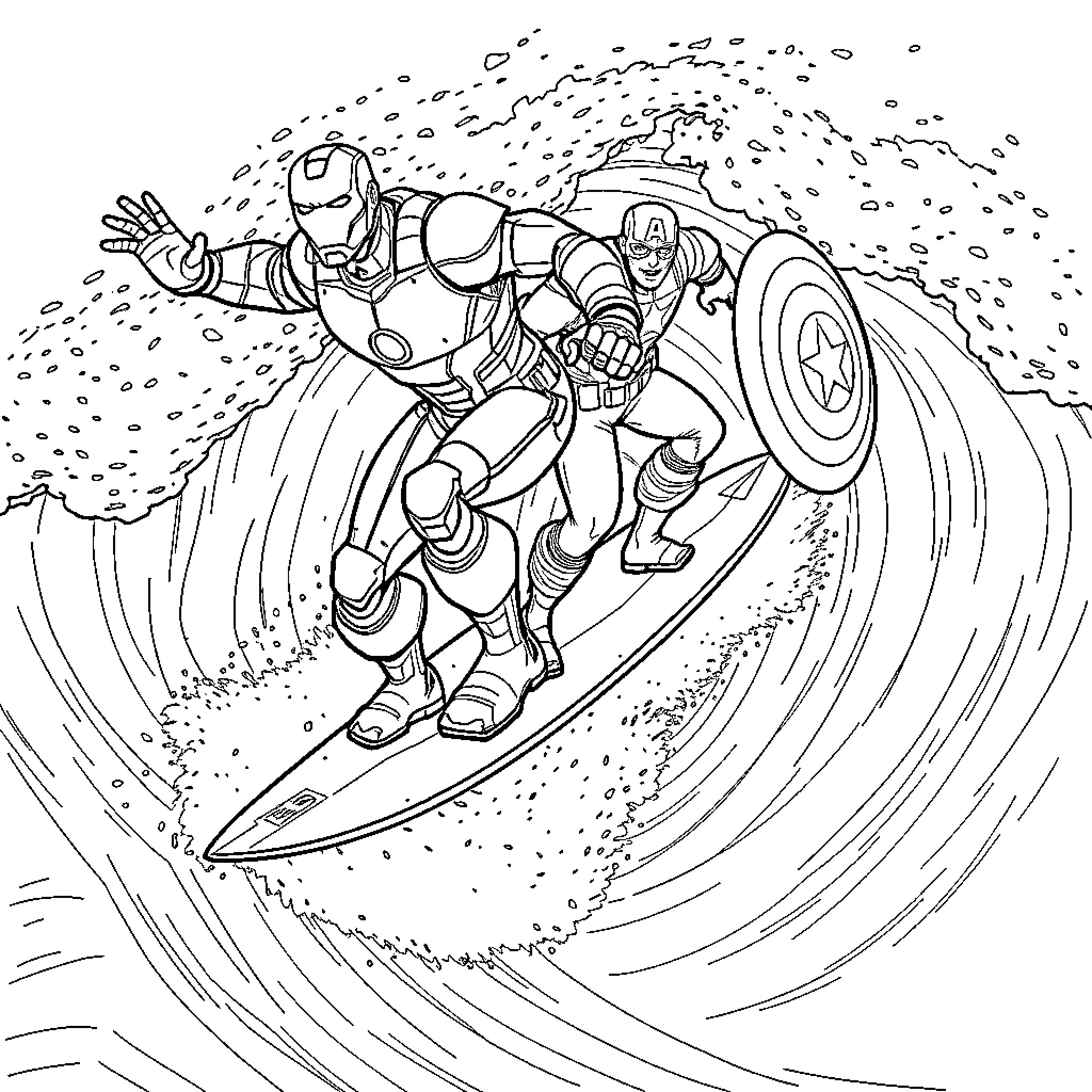 Iron Man Surfing Through Stormy Waves Coloring Page (free black-and-white line drawing printable PDF for all, from beginners to advanced learners, including children, teens, adults, and seniors)