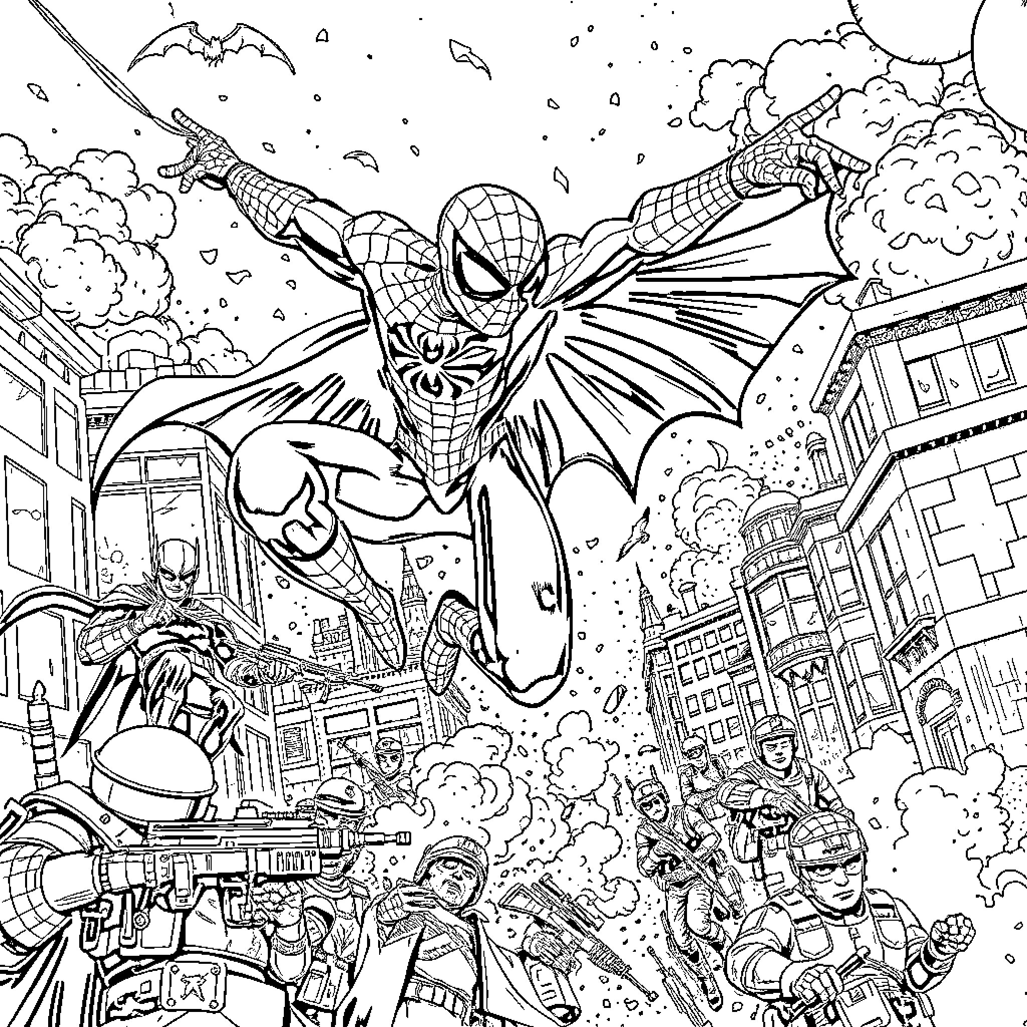 Spiderman battles villains in epic city clash Coloring Page (free black-and-white line drawing printable PDF for all, from beginners to advanced learners, including children, teens, adults, and seniors)