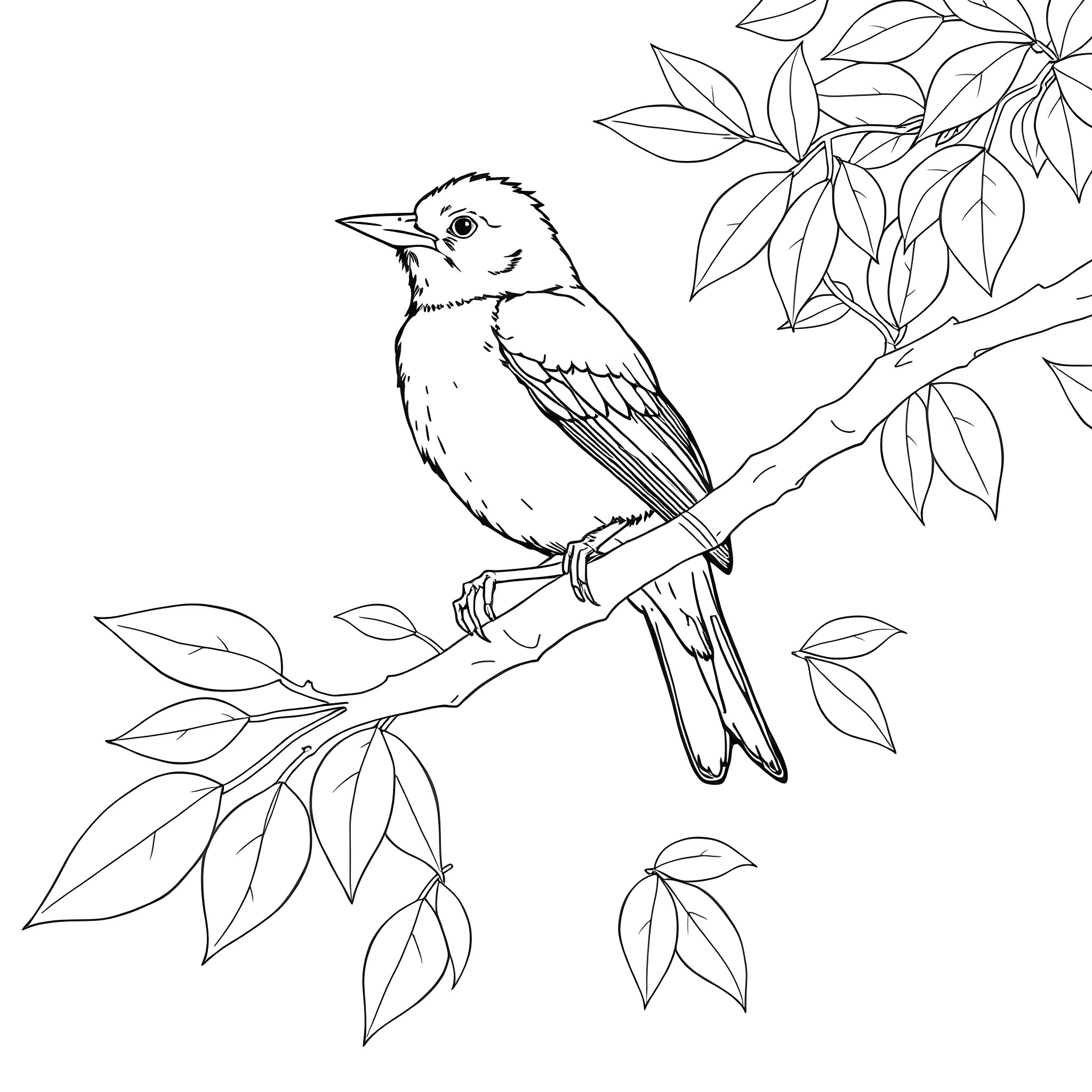 Summer Tanager perching on a leafy branch Coloring Page (free black-and-white line drawing printable PDF for all, from beginners to advanced learners, including children, teens, adults, and seniors)