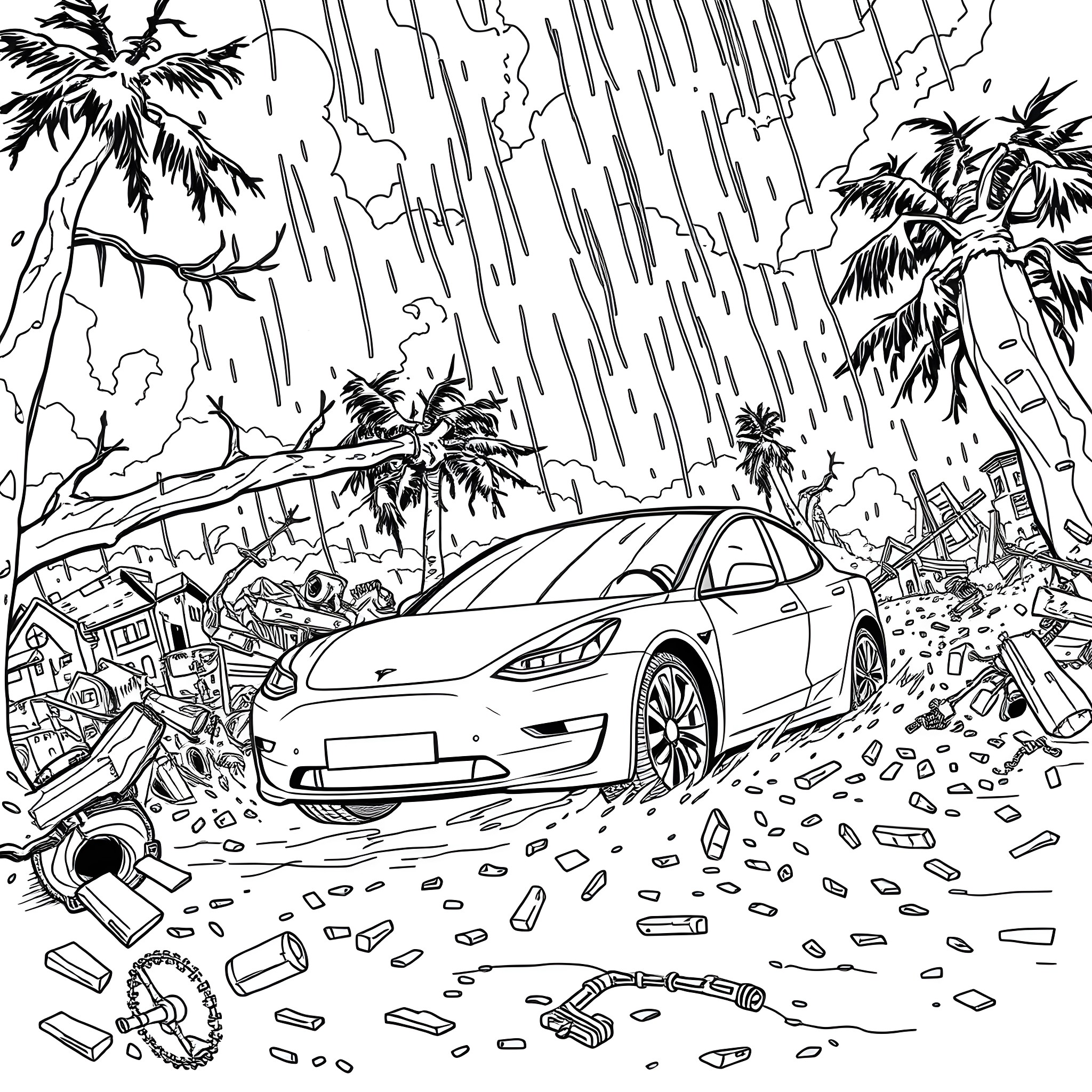 Tesla's futuristic vehicle navigating through tropical storm Coloring Page (free black-and-white line drawing printable PDF for all, from beginners to advanced learners, including children, teens, adults, and seniors)