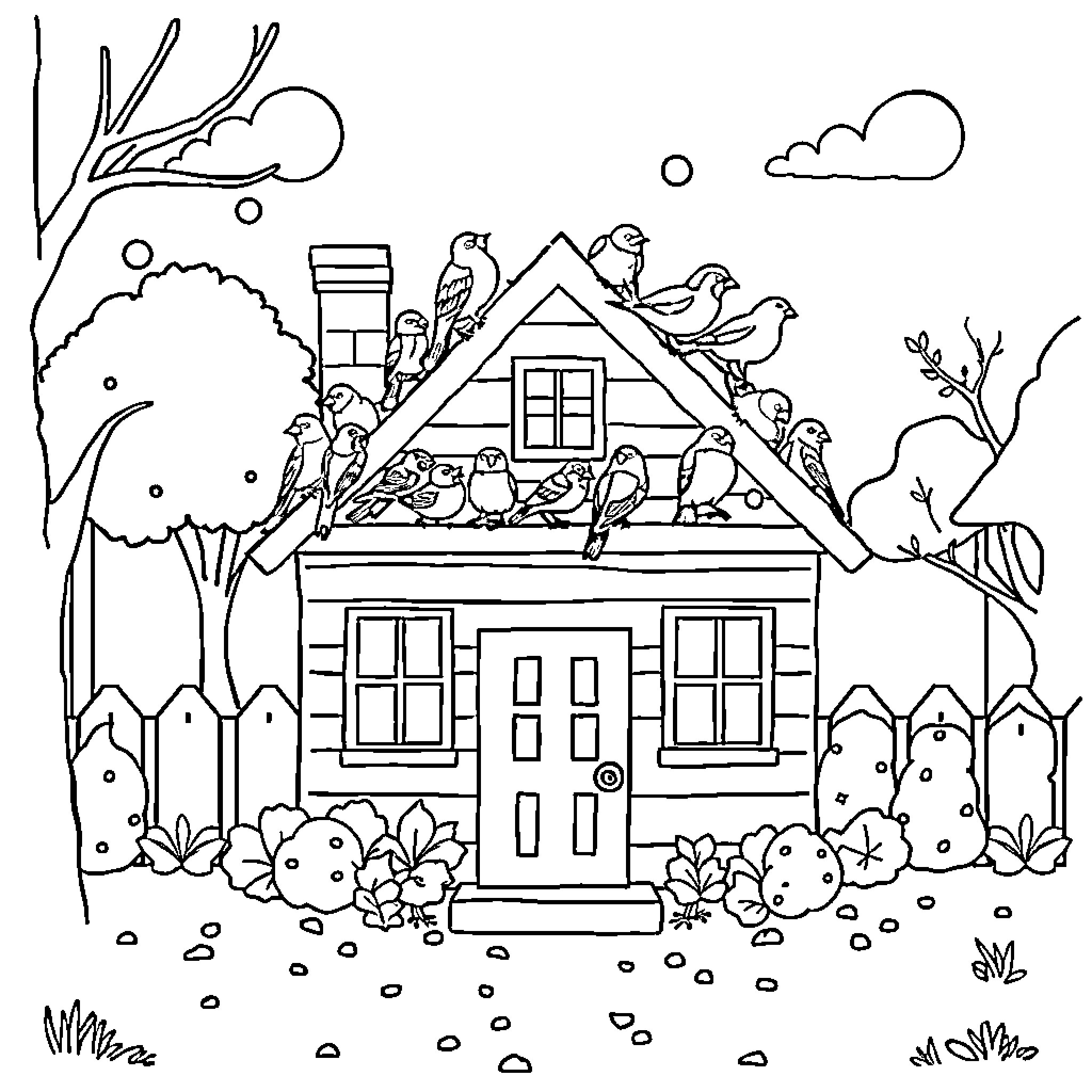 House with cheerful animals in the countryside Coloring Page (free black-and-white line drawing printable PDF for all, from beginners to advanced learners, including children, teens, adults, and seniors)