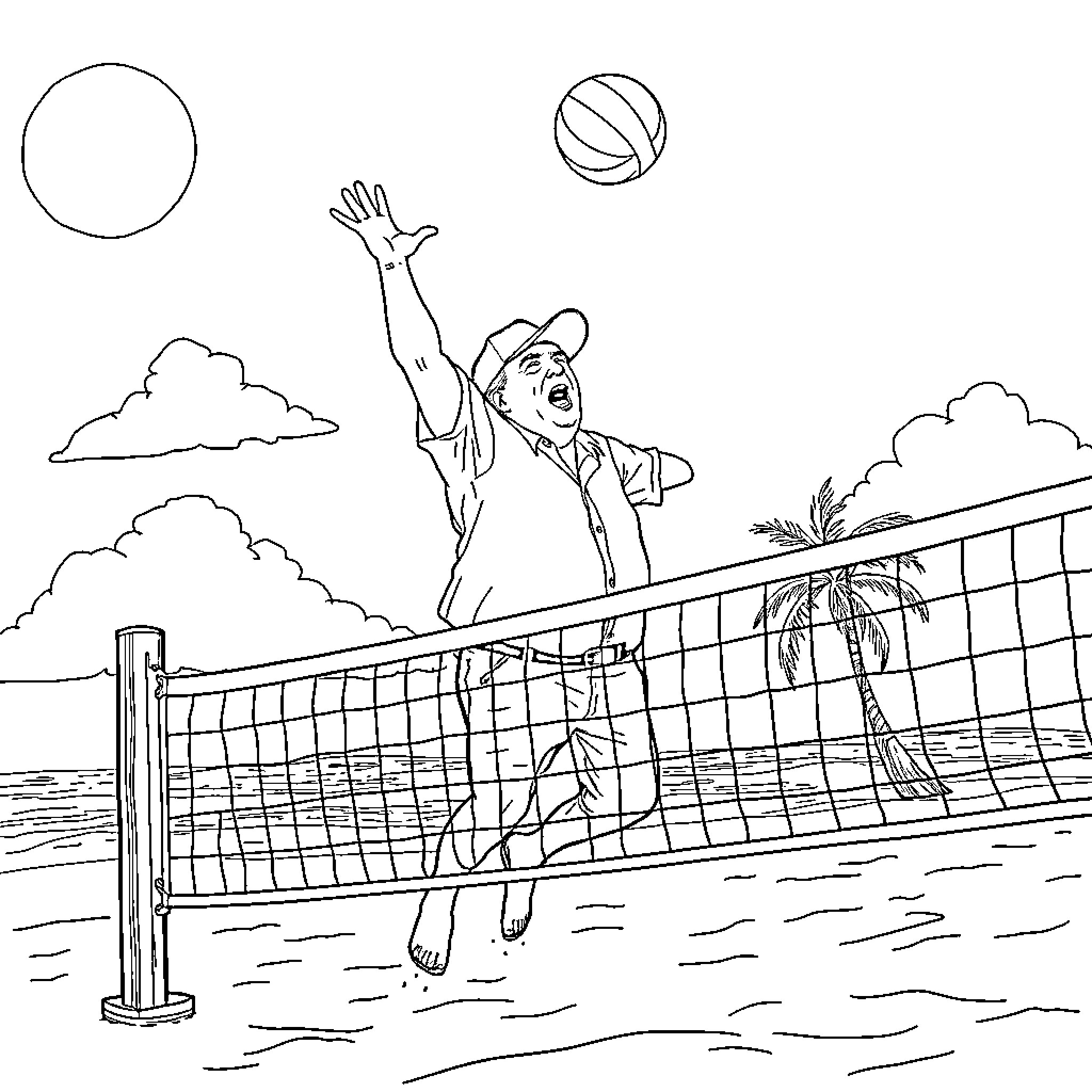 Donald Trump playing volleyball on the beach Coloring Page (free black-and-white line drawing printable PDF for all, from beginners to advanced learners, including children, teens, adults, and seniors)
