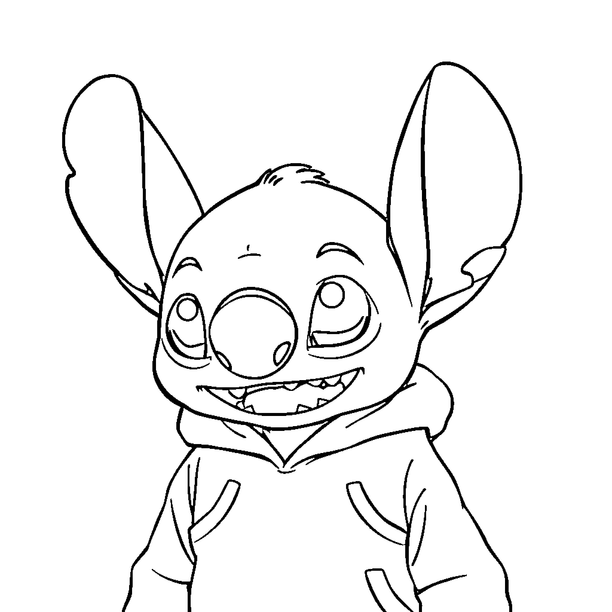 Stitch smiling joyfully with expressive features Coloring Page (free black-and-white line drawing printable PDF for all, from beginners to advanced learners, including children, teens, adults, and seniors)