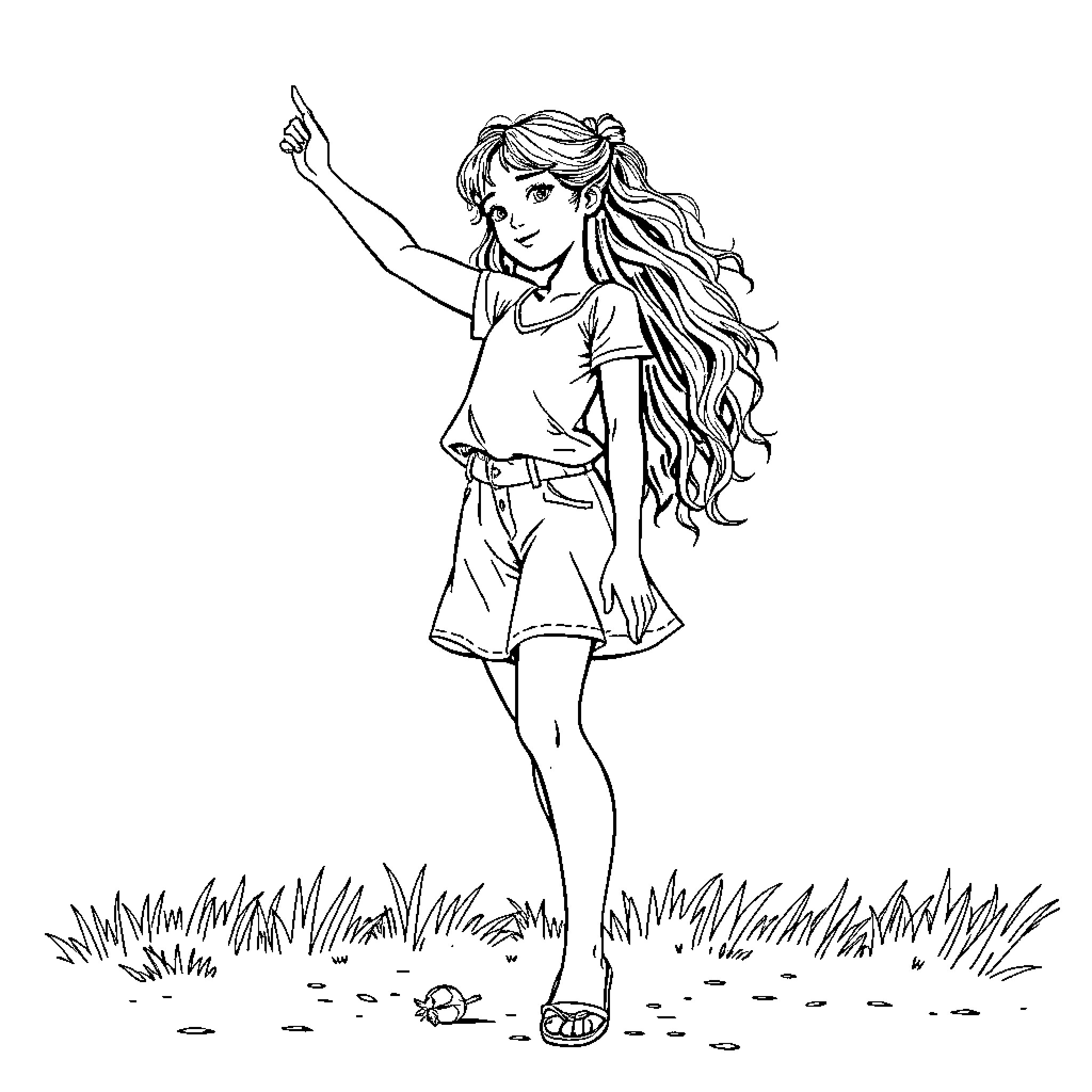 Girl happily pointing up in a field Coloring Page (free black-and-white line drawing printable PDF for all, from beginners to advanced learners, including children, teens, adults, and seniors)
