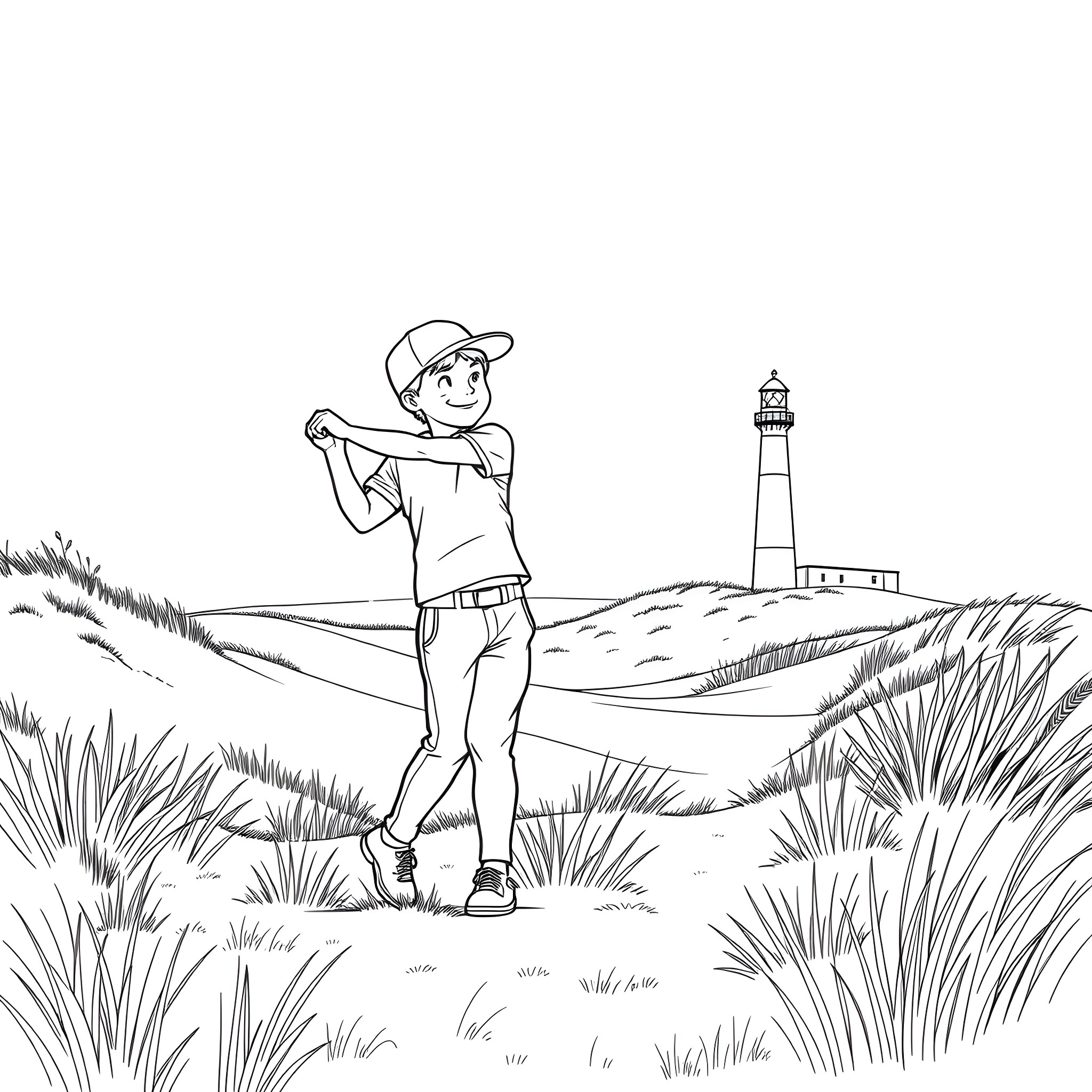 Golfer teeing off with lighthouse in the background Coloring Page (free black-and-white line drawing printable PDF for all, from beginners to advanced learners, including children, teens, adults, and seniors)