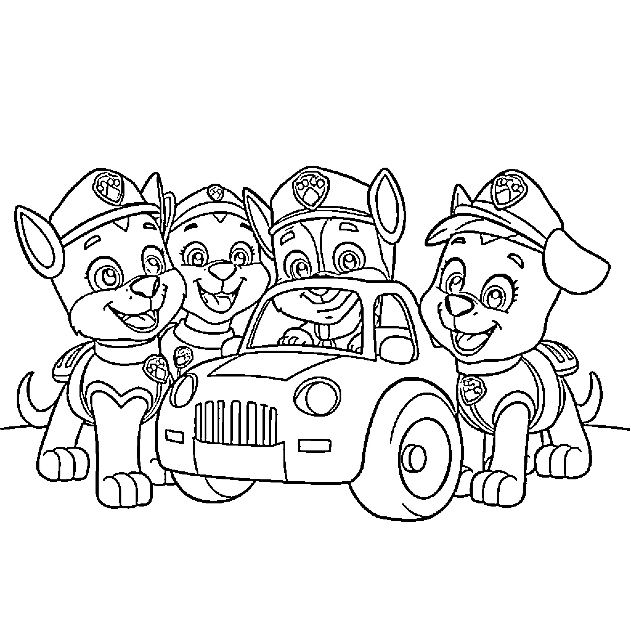 Paw Patrol Puppies Riding in a Car Coloring Page (free black-and-white line drawing printable PDF for all, from beginners to advanced learners, including children, teens, adults, and seniors)