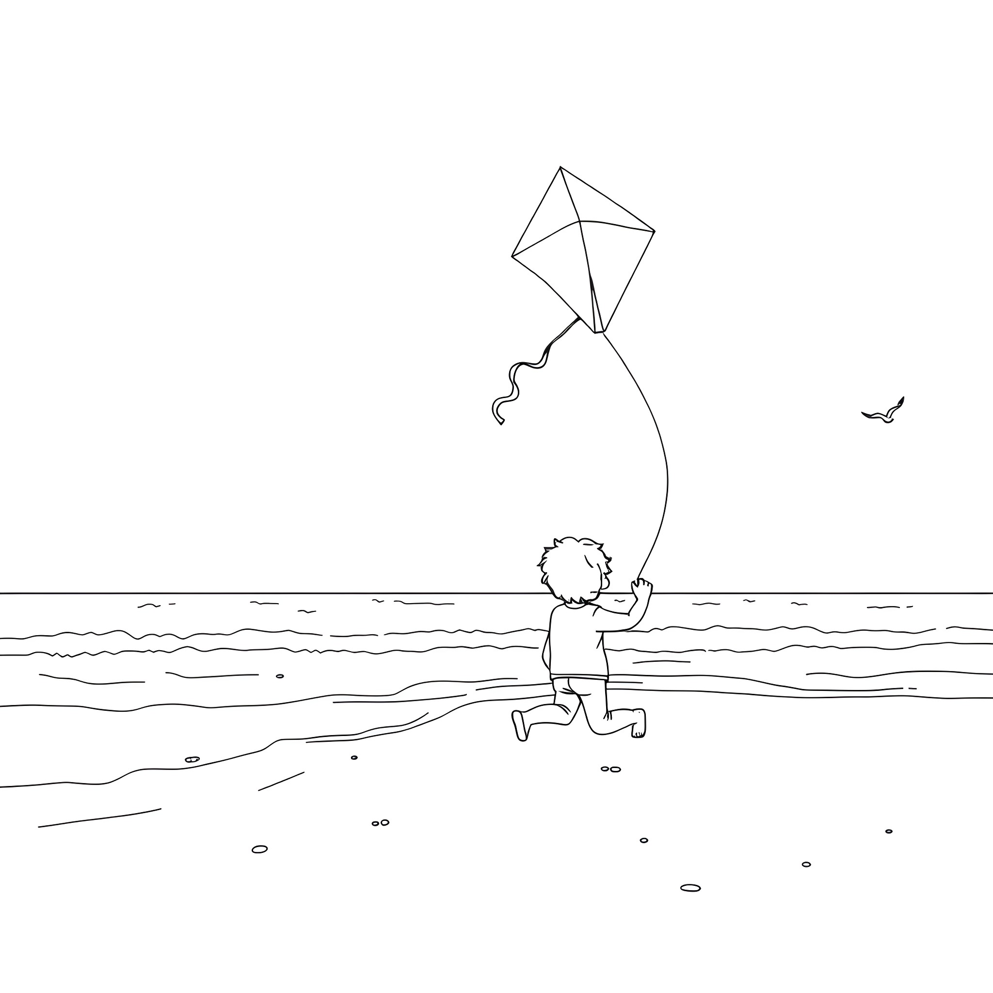 Kite flying on the beach Coloring Page (free black-and-white line drawing printable PDF for all, from beginners to advanced learners, including children, teens, adults, and seniors)