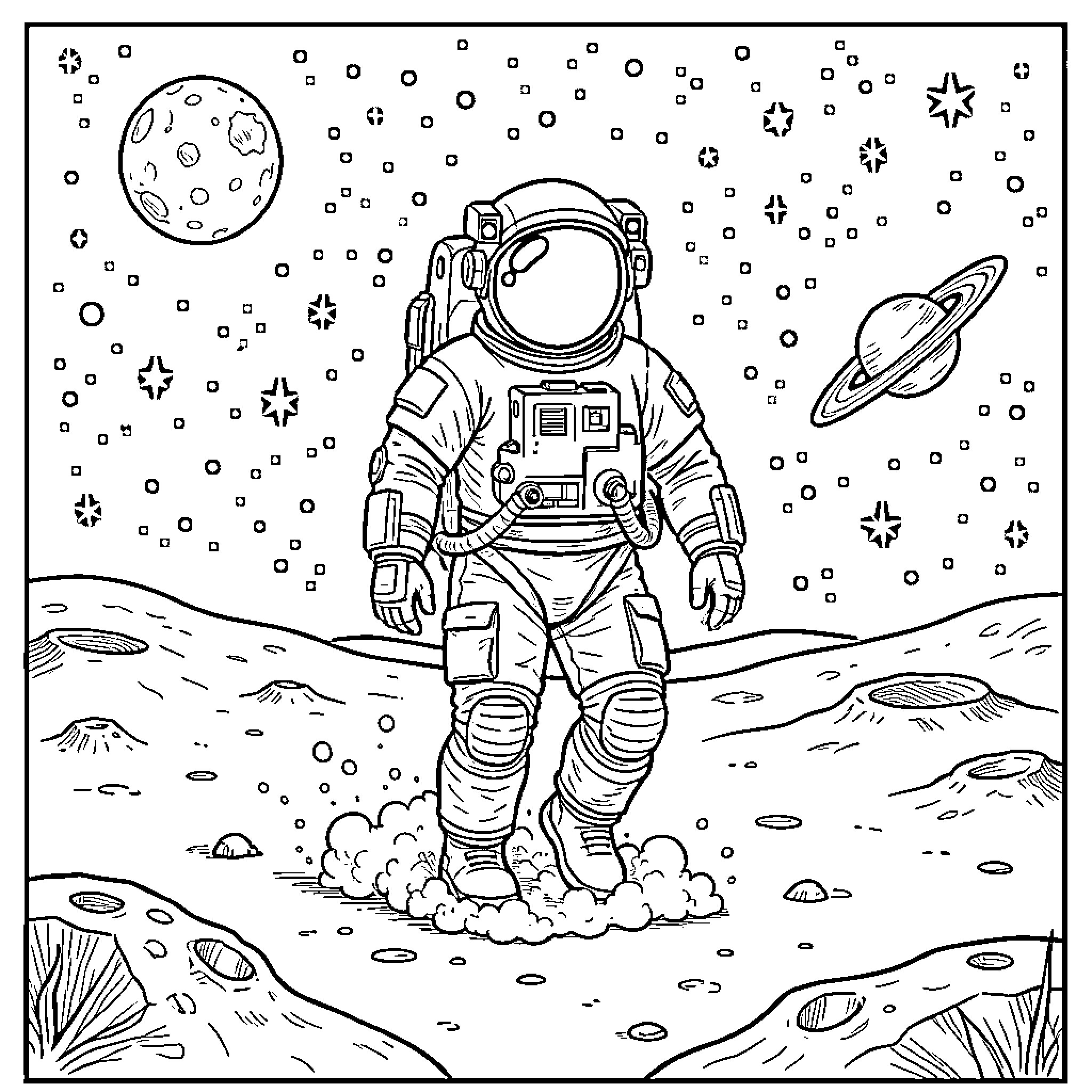 Astronaut explores the lunar landscape Coloring Page (free black-and-white line drawing printable PDF for all, from beginners to advanced learners, including children, teens, adults, and seniors)