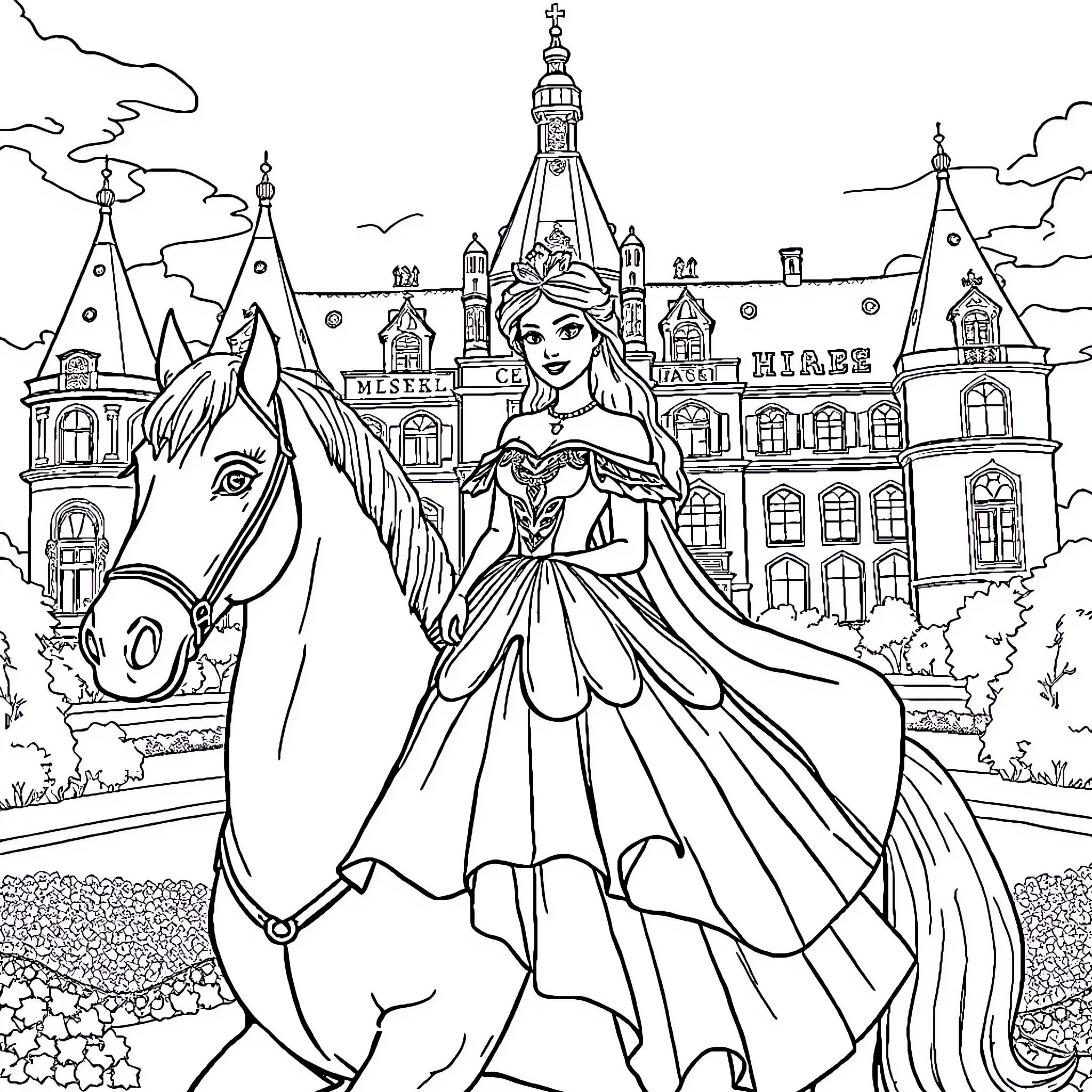 Princess Riding a Beautiful Horse in a Fairy Tale Castle Coloring Page (free black-and-white line drawing printable PDF for all, from beginners to advanced learners, including children, teens, adults, and seniors)