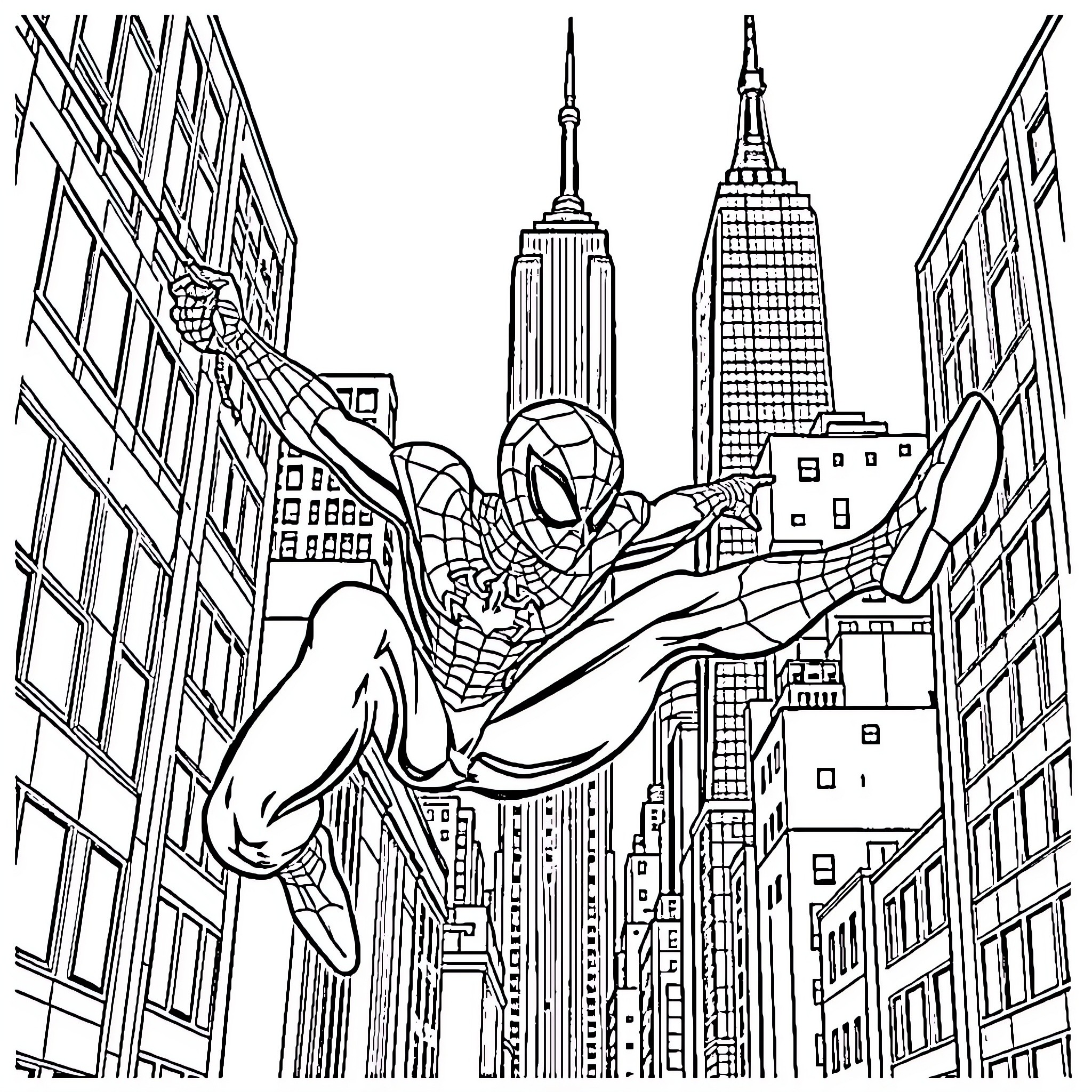 Spiderman swinging through the city skyline Coloring Page (free black-and-white line drawing printable PDF for all, from beginners to advanced learners, including children, teens, adults, and seniors)