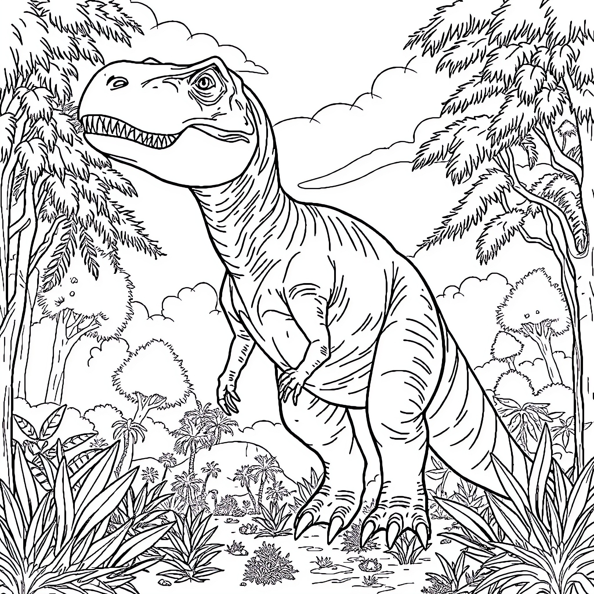 Dinosaur roaming through the lush jungle landscape Coloring Page (free black-and-white line drawing printable PDF for all, from beginners to advanced learners, including children, teens, adults, and seniors)