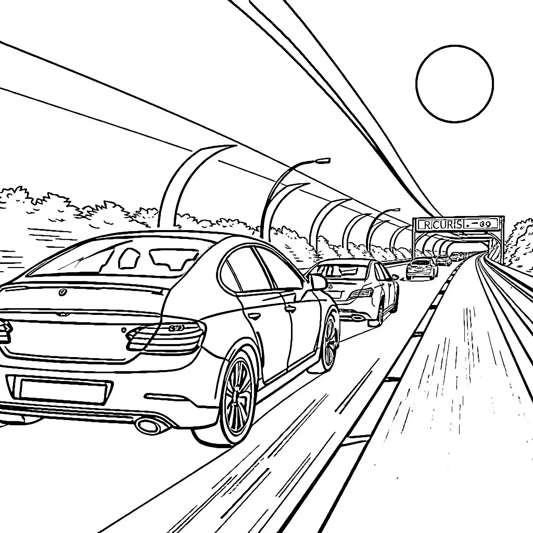 Car traffic on busy highway at sunset Coloring Page (free black-and-white line drawing printable PDF for all, from beginners to advanced learners, including children, teens, adults, and seniors)