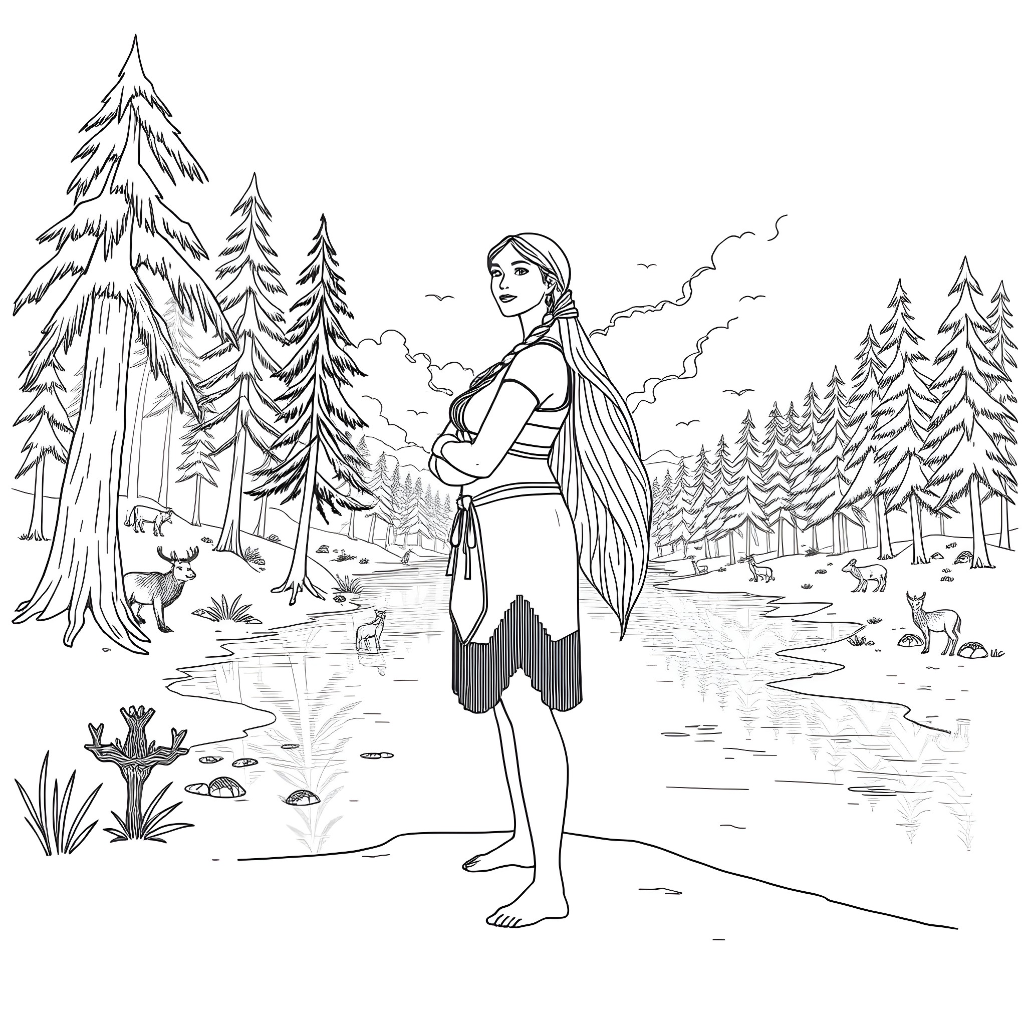 Pocahontas exploring the scenic forest landscape Coloring Page (free black-and-white line drawing printable PDF for all, from beginners to advanced learners, including children, teens, adults, and seniors)