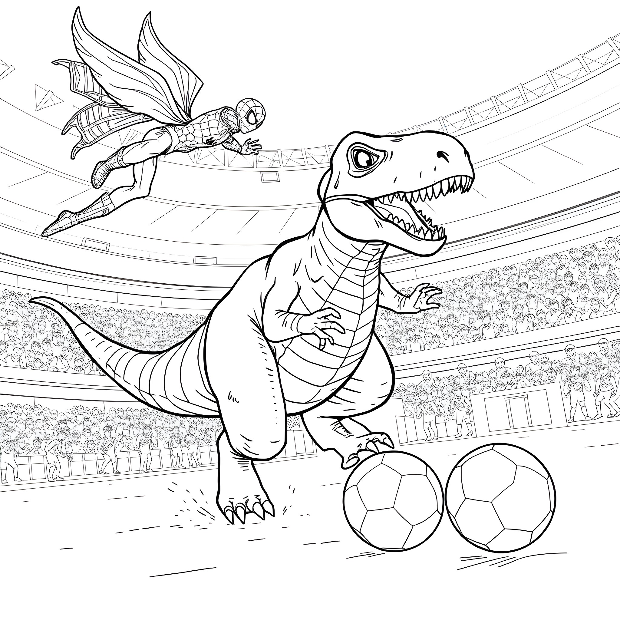 Dinosaur Playing Soccer in Stadium Coloring Page (free black-and-white line drawing printable PDF for all, from beginners to advanced learners, including children, teens, adults, and seniors)