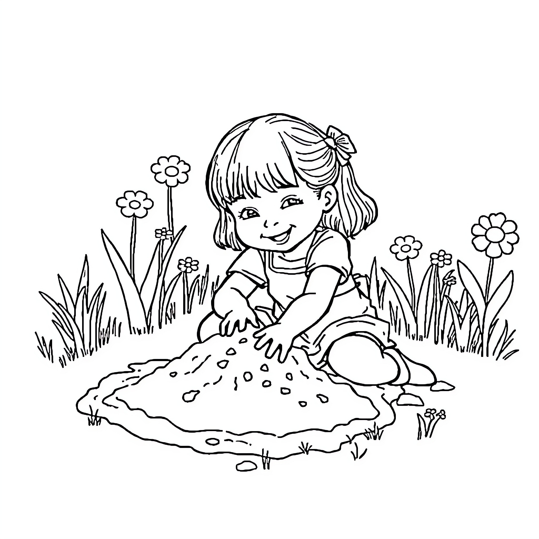 Girl playing in mud with flowers Coloring Page (free black-and-white line drawing printable PDF for all, from beginners to advanced learners, including children, teens, adults, and seniors)