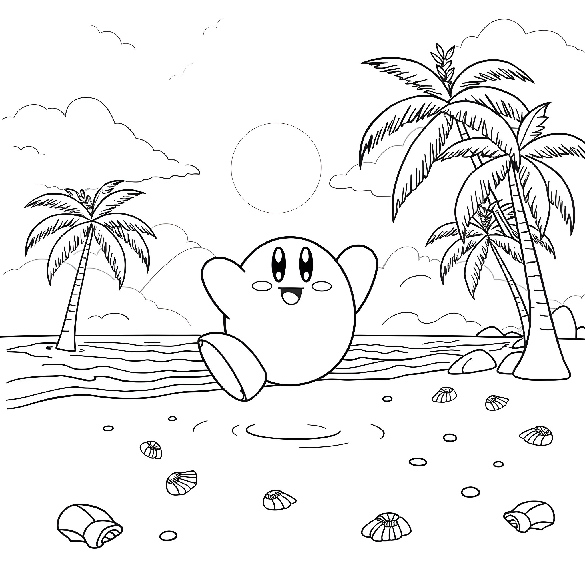 Kirby playing on a tropical beach Coloring Page (free black-and-white line drawing printable PDF for all, from beginners to advanced learners, including children, teens, adults, and seniors)
