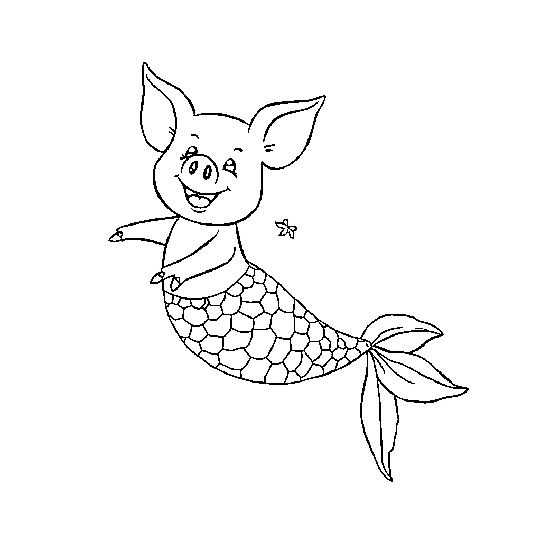 Pig Mermaid cheerfully swimming in the sea Coloring Page (free black-and-white line drawing printable PDF for all, from beginners to advanced learners, including children, teens, adults, and seniors)