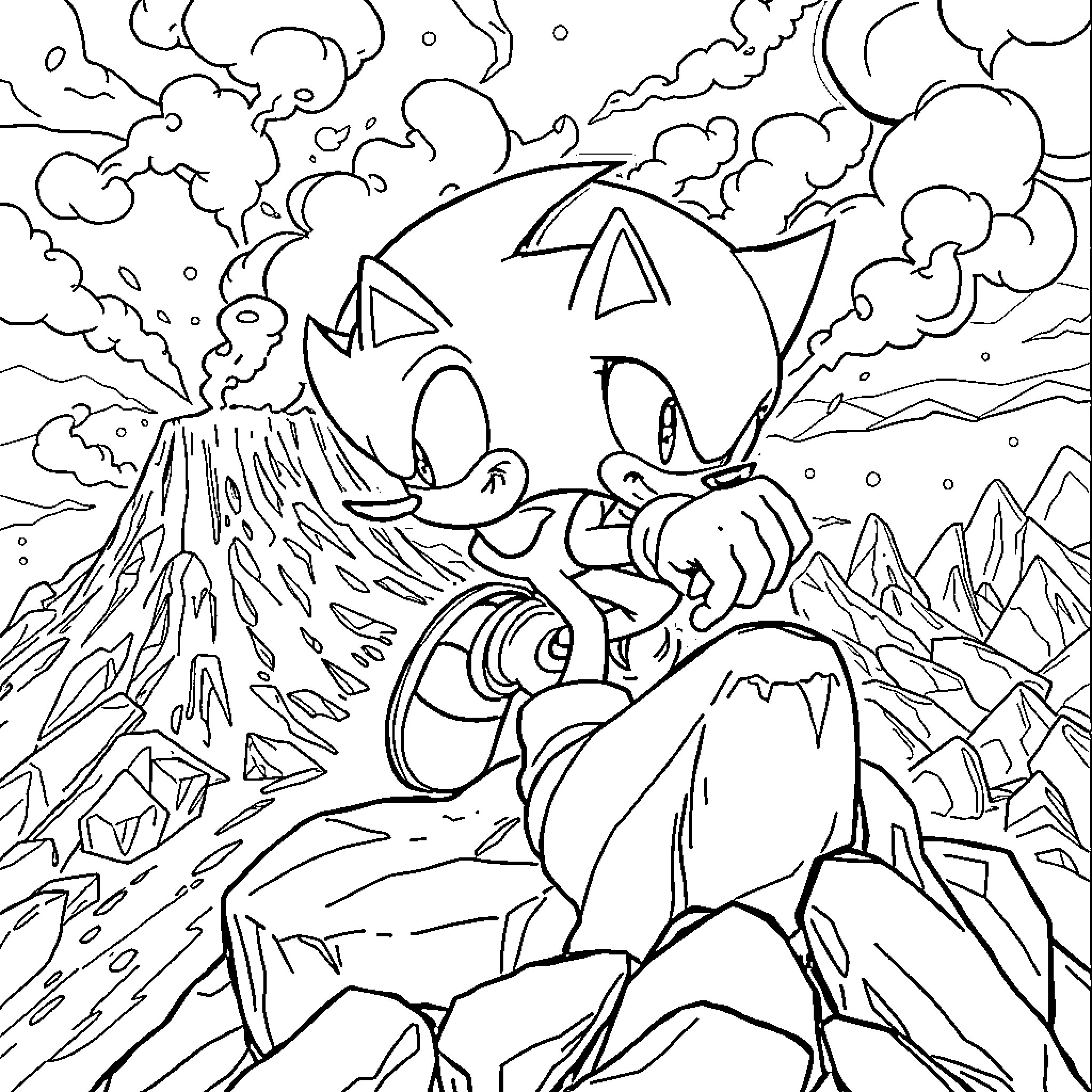 Shadow Adventure in the Enchanted Landscape Coloring Page (free black-and-white line drawing printable PDF for all, from beginners to advanced learners, including children, teens, adults, and seniors)