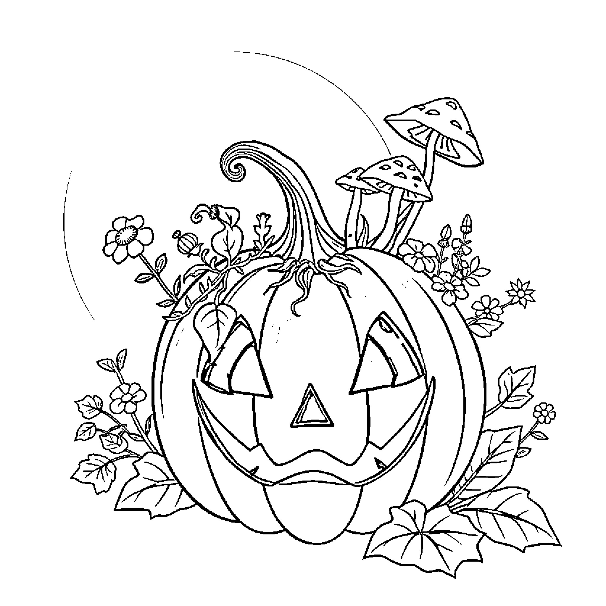 Pumpkin with whimsical mushrooms and flowers Coloring Page (free black-and-white line drawing printable PDF for all, from beginners to advanced learners, including children, teens, adults, and seniors)