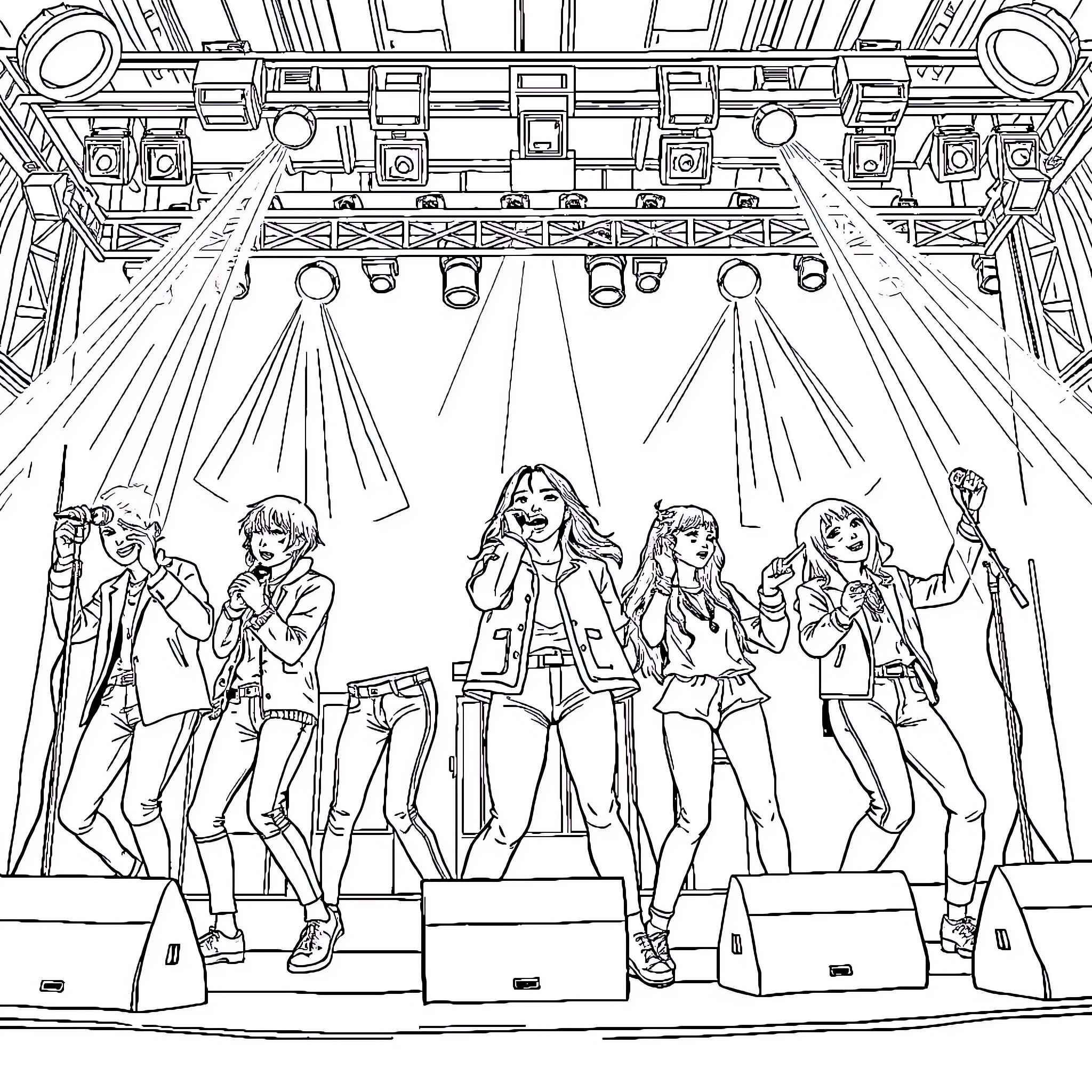 K-Pop Band Performing on Stage with Vibrant Lights Coloring Page (free black-and-white line drawing printable PDF for all, from beginners to advanced learners, including children, teens, adults, and seniors)
