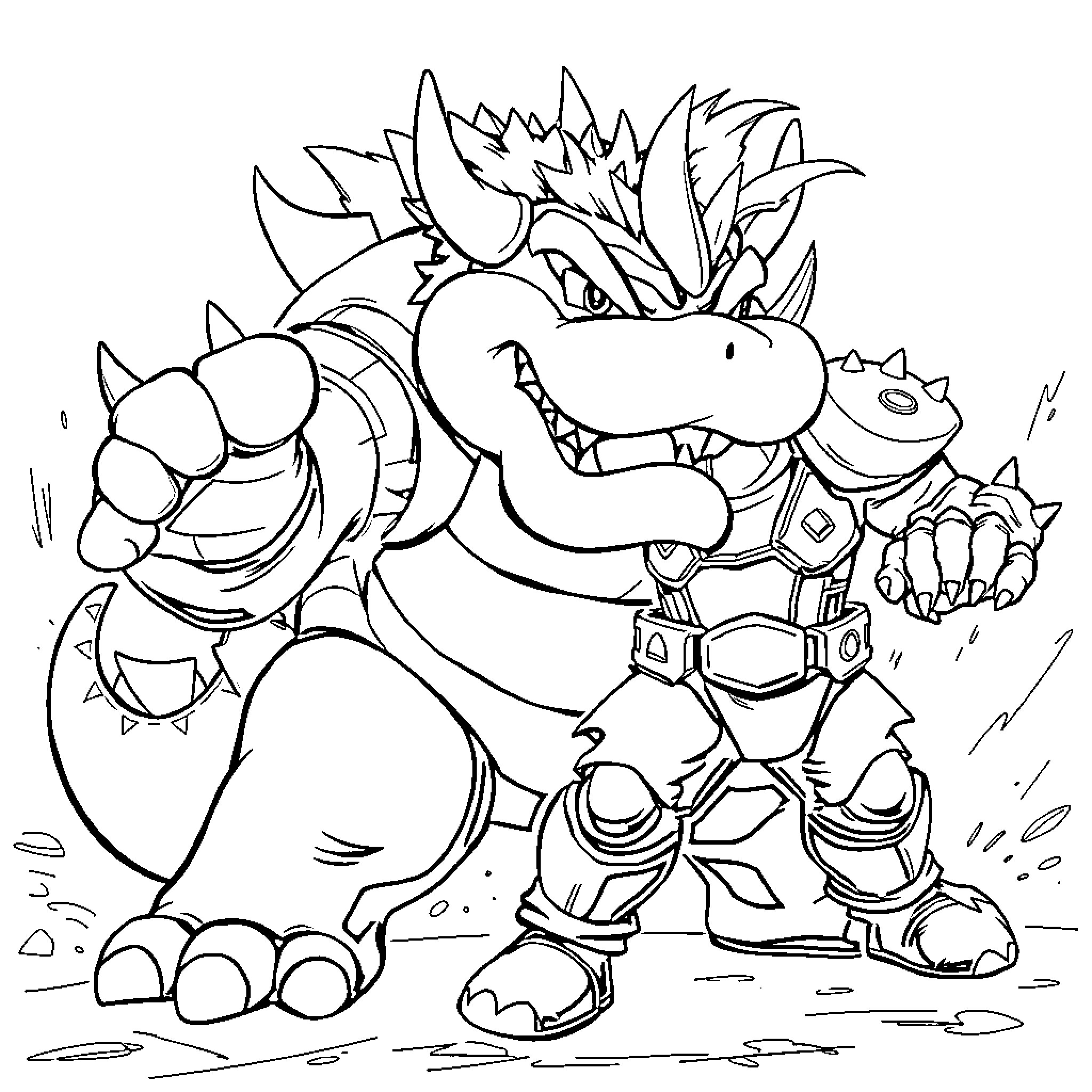 Bowser's Mischievous Adventure Coloring Page (free black-and-white line drawing printable PDF for all, from beginners to advanced learners, including children, teens, adults, and seniors)