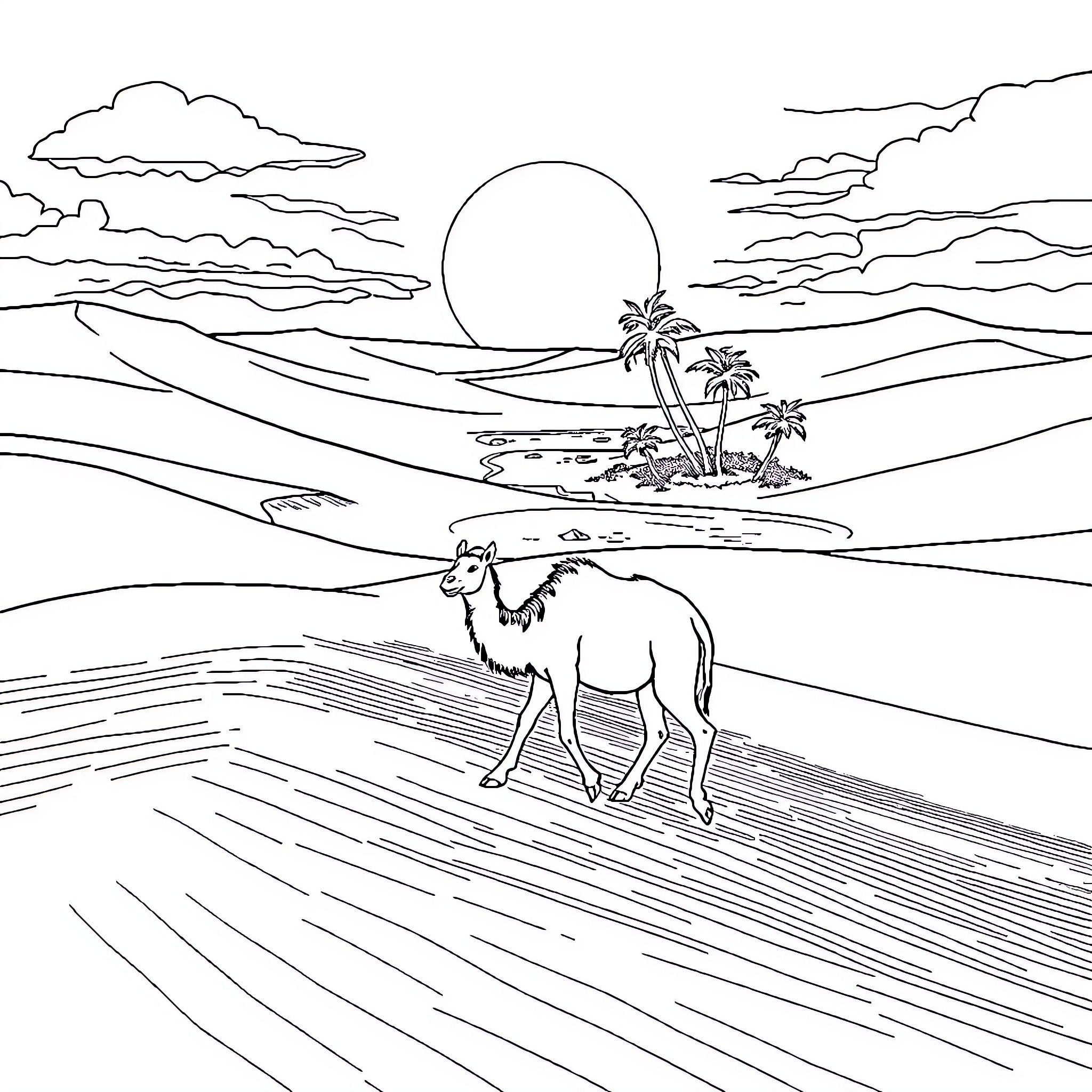 Desert landscape with a camel at sunset Coloring Page (free black-and-white line drawing printable PDF for all, from beginners to advanced learners, including children, teens, adults, and seniors)