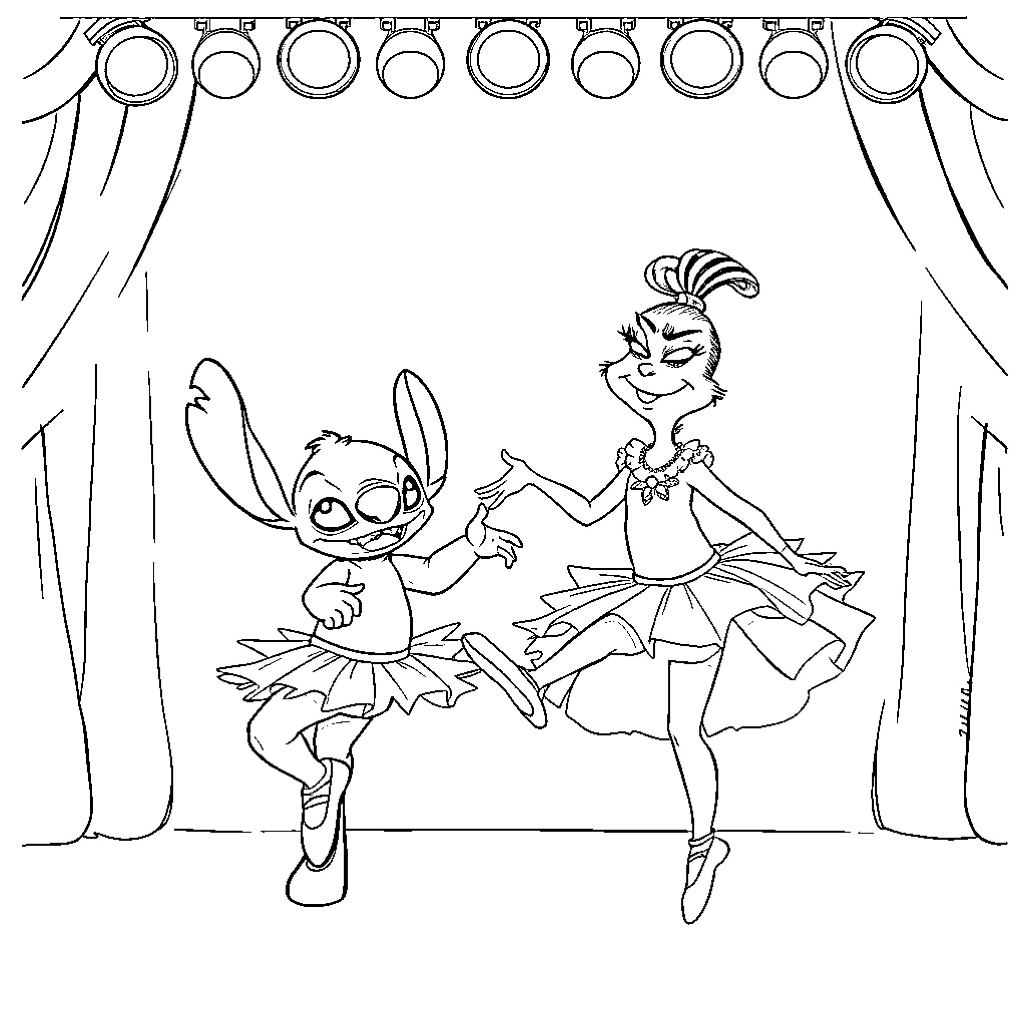 Stitch and ballerina dancing on stage Coloring Page (free black-and-white line drawing printable PDF for all, from beginners to advanced learners, including children, teens, adults, and seniors)