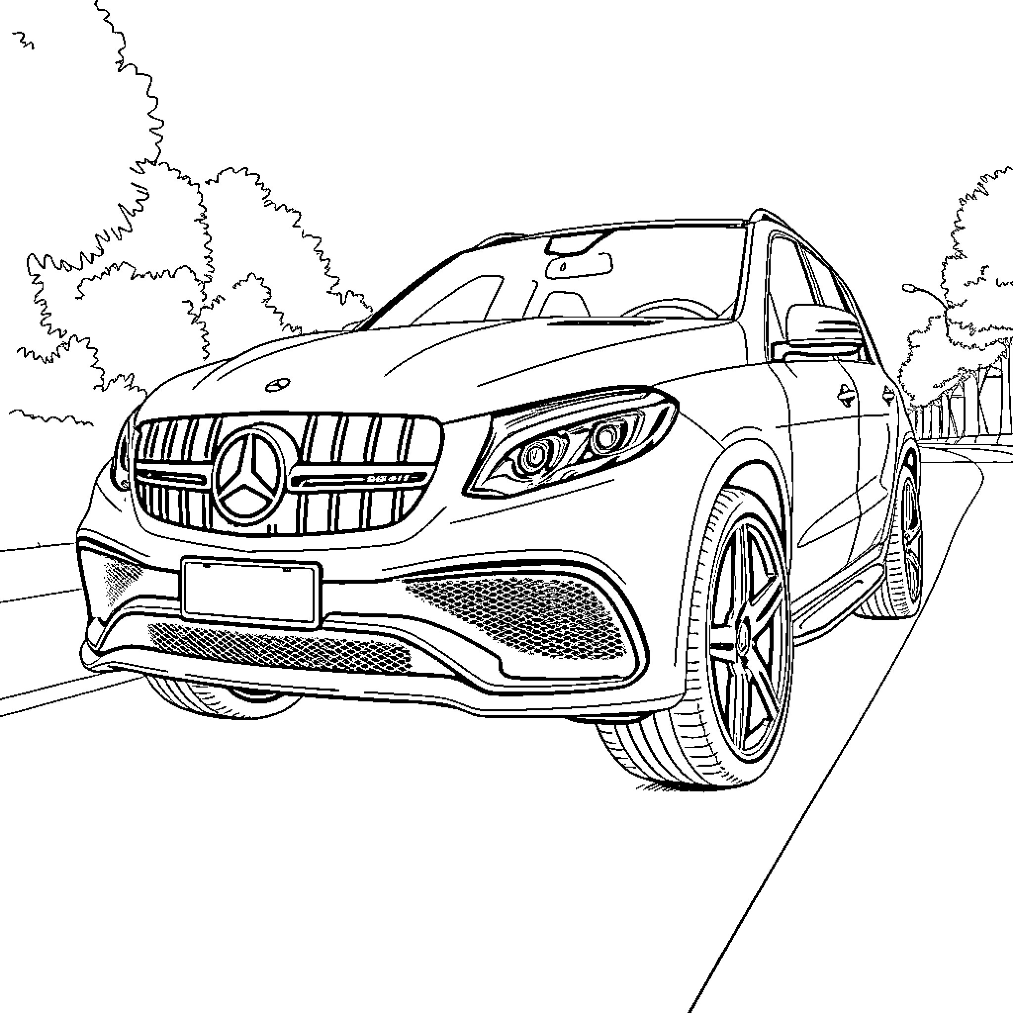 Mercedes GLE luxury SUV on road in natural setting Coloring Page (free black-and-white line drawing printable PDF for all, from beginners to advanced learners, including children, teens, adults, and seniors)