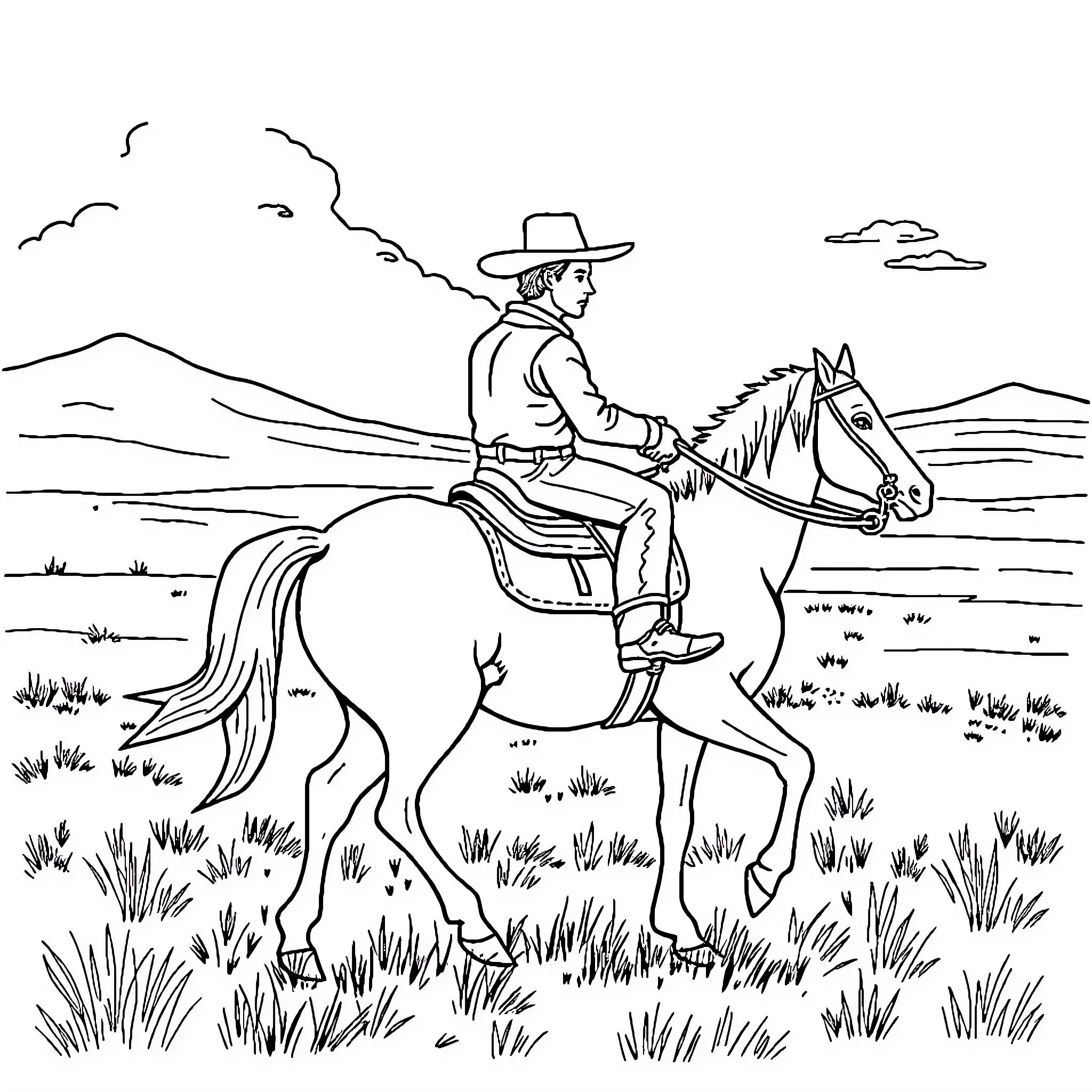Cowboy riding horse across rugged landscape Coloring Page (free black-and-white line drawing printable PDF for all, from beginners to advanced learners, including children, teens, adults, and seniors)