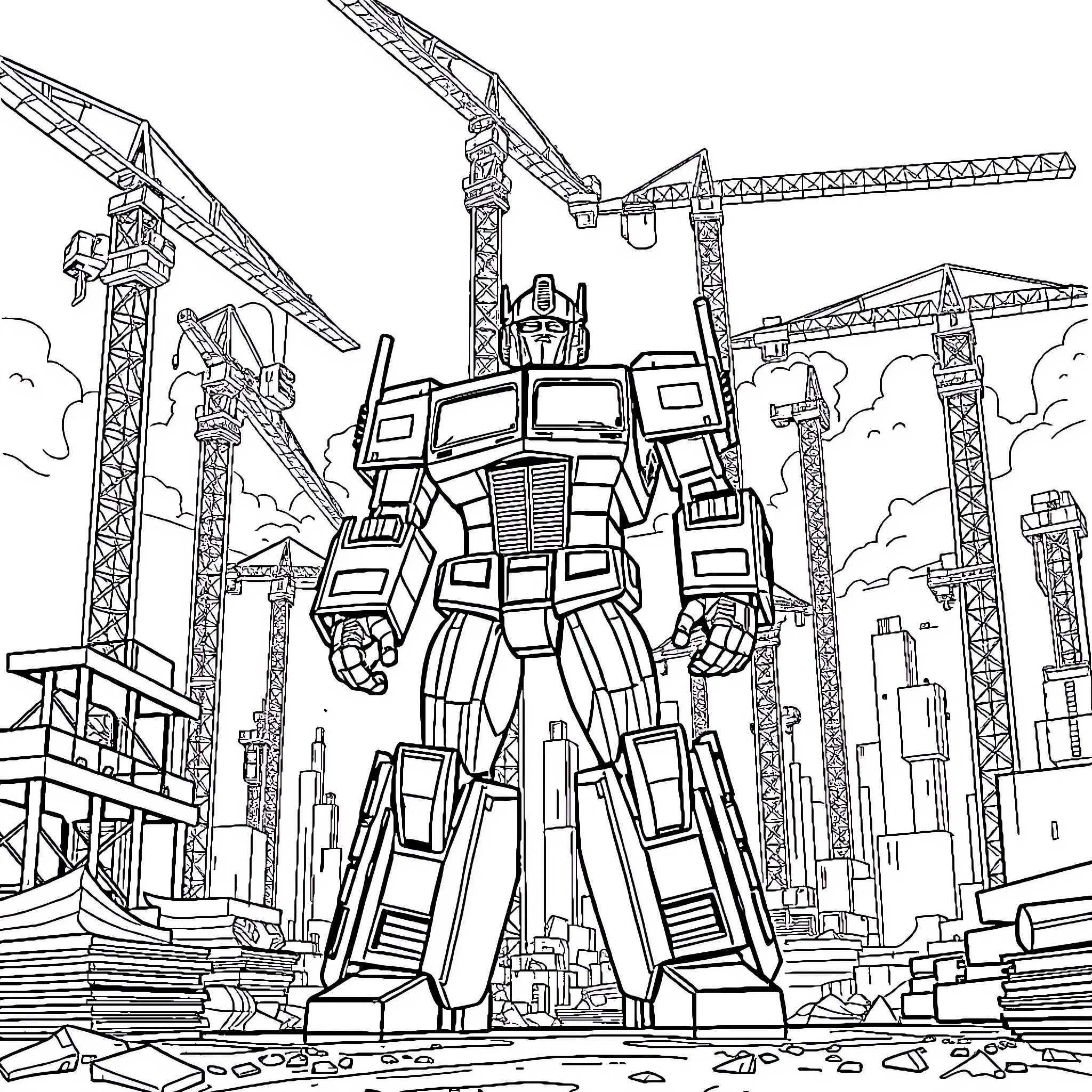Optimus Prime leading the charge in the city Coloring Page (free black-and-white line drawing printable PDF for all, from beginners to advanced learners, including children, teens, adults, and seniors)