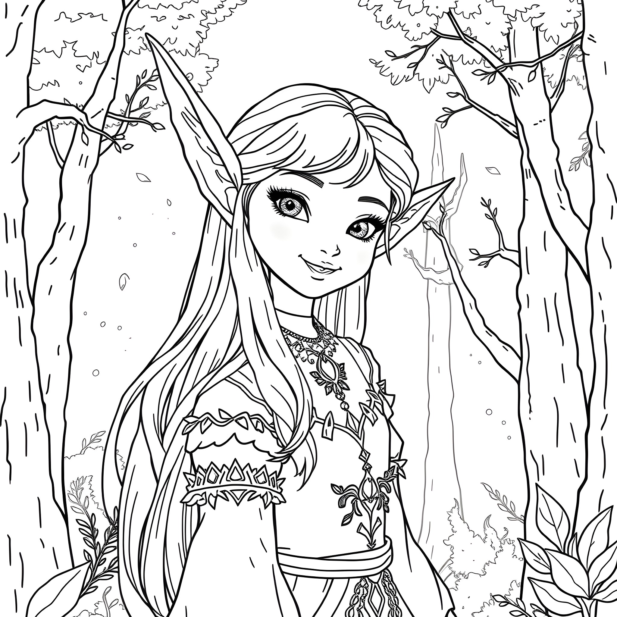 Girl in an enchanted forest Coloring Page (free black-and-white line drawing printable PDF for all, from beginners to advanced learners, including children, teens, adults, and seniors)