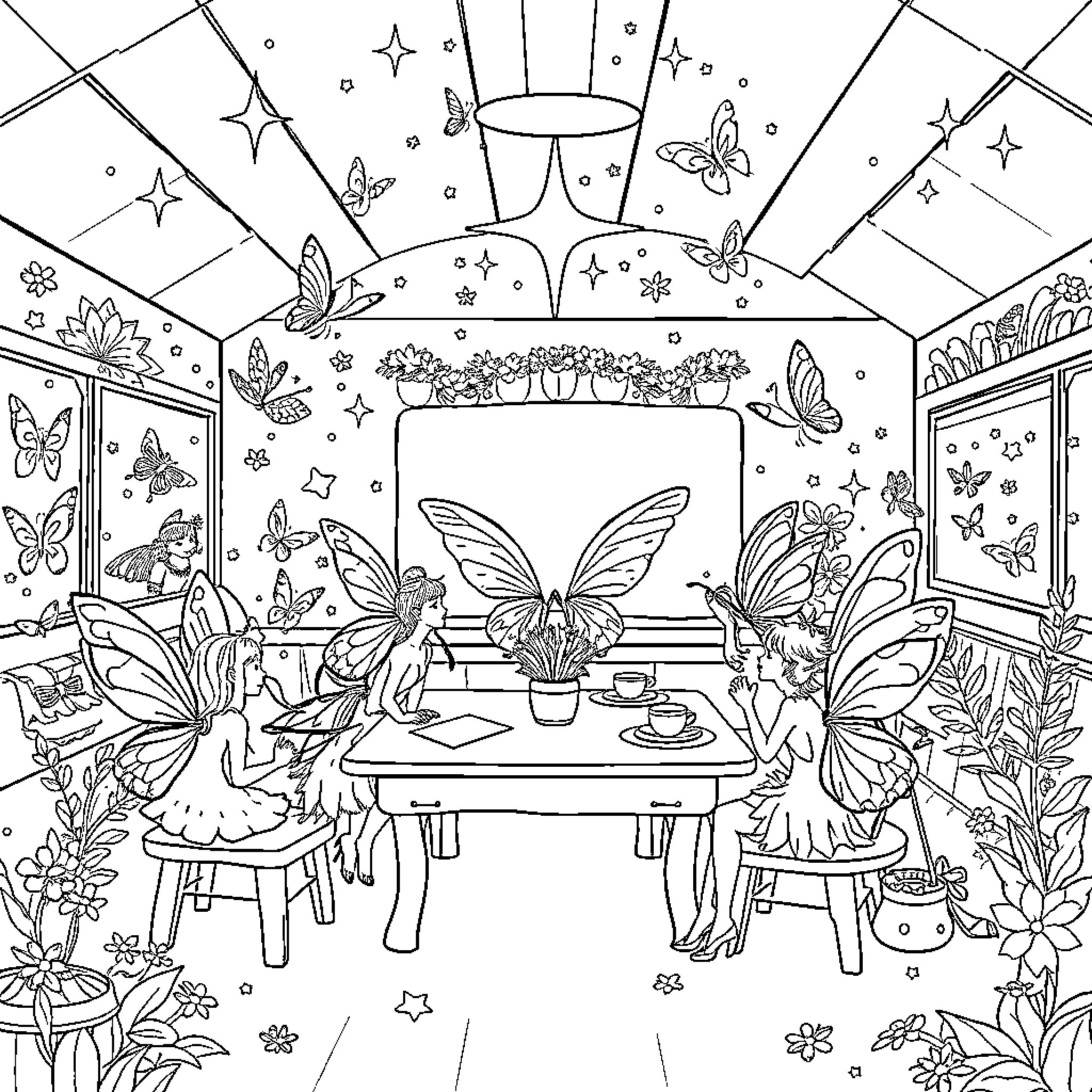 Fairy Fairies Enjoying a Whimsical Tea Party Coloring Page (free black-and-white line drawing printable PDF for all, from beginners to advanced learners, including children, teens, adults, and seniors)