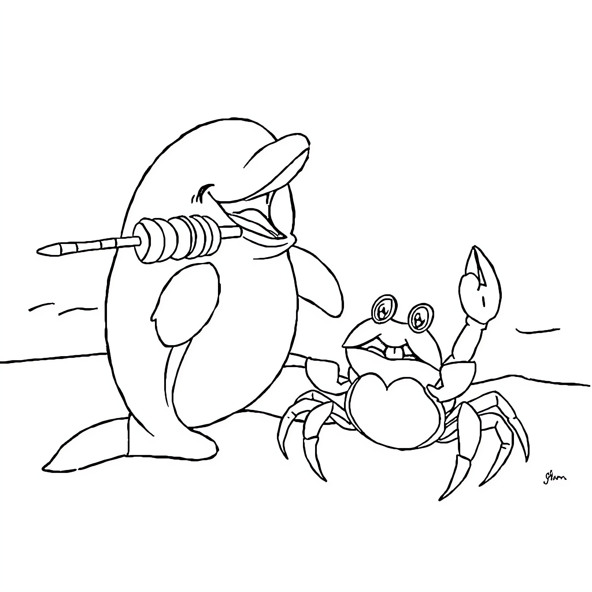 Dolphin and Crab Engaged in Playful Antics Coloring Page (free black-and-white line drawing printable PDF for all, from beginners to advanced learners, including children, teens, adults, and seniors)