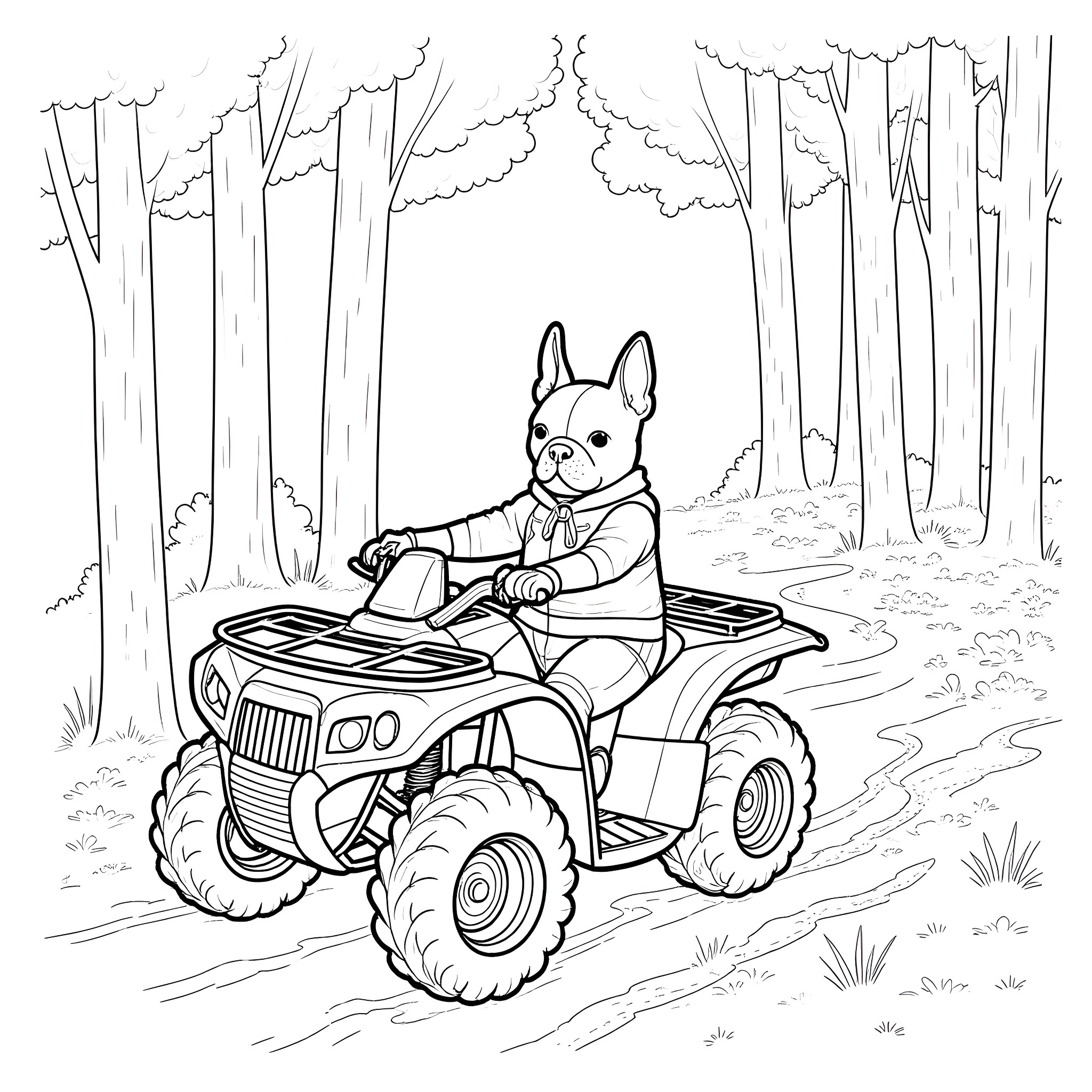 Boston Terrier riding an all-terrain vehicle in the forest Coloring Page (free black-and-white line drawing printable PDF for all, from beginners to advanced learners, including children, teens, adults, and seniors)