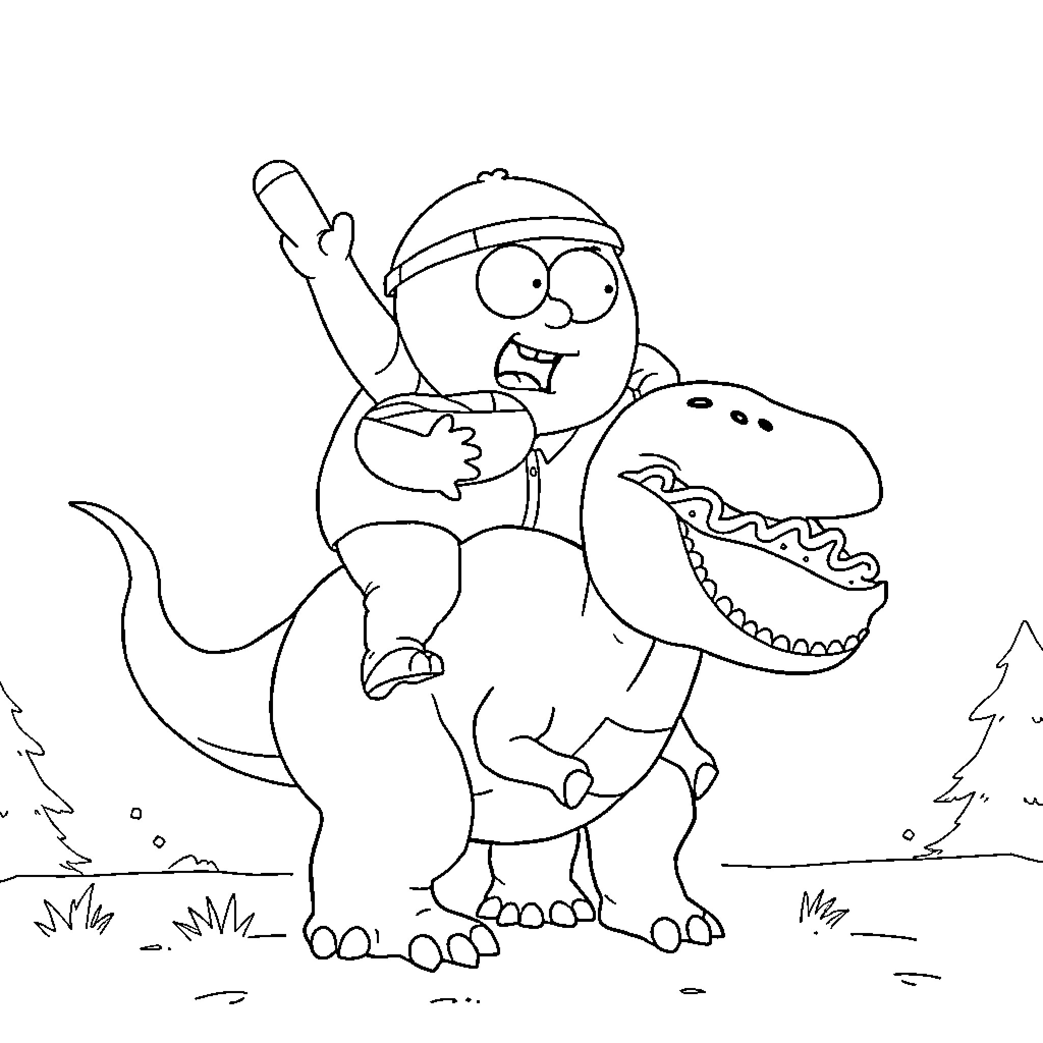 Eric Cartman riding a dinosaur in the wild Coloring Page (free black-and-white line drawing printable PDF for all, from beginners to advanced learners, including children, teens, adults, and seniors)