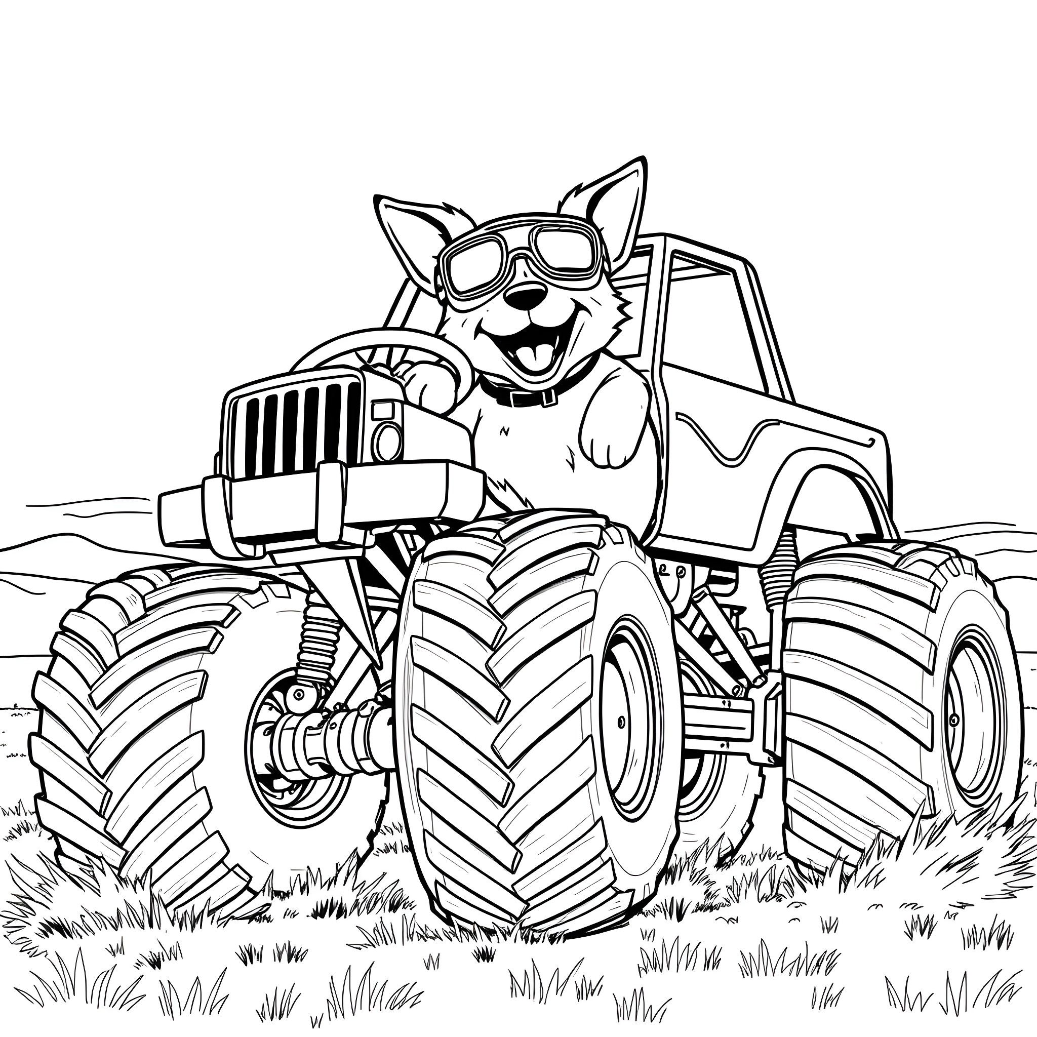 Dog driving a monster truck with joy Coloring Page (free black-and-white line drawing printable PDF for all, from beginners to advanced learners, including children, teens, adults, and seniors)