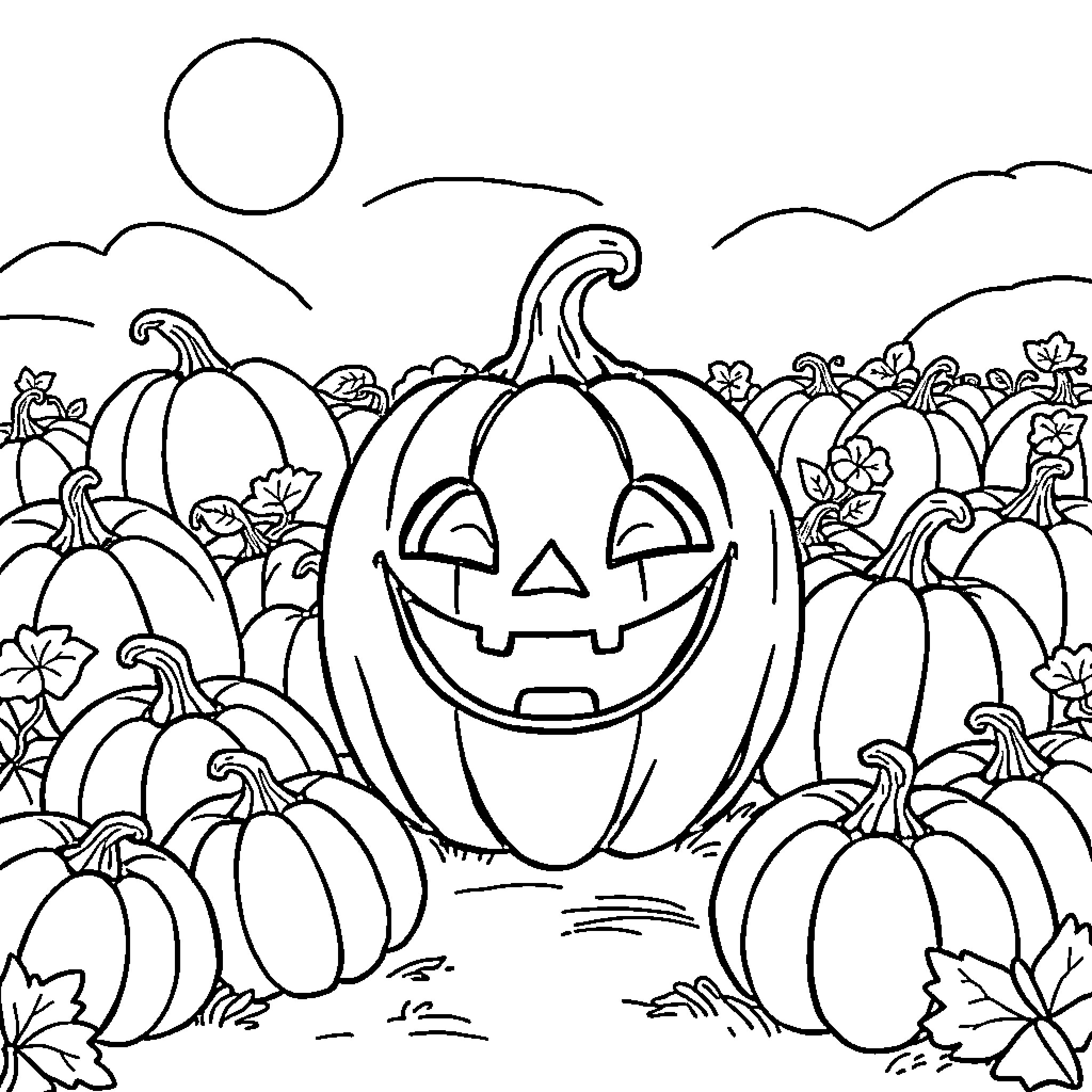 Jack-o'-lantern smiling among pumpkin patch Coloring Page (free black-and-white line drawing printable PDF for all, from beginners to advanced learners, including children, teens, adults, and seniors)