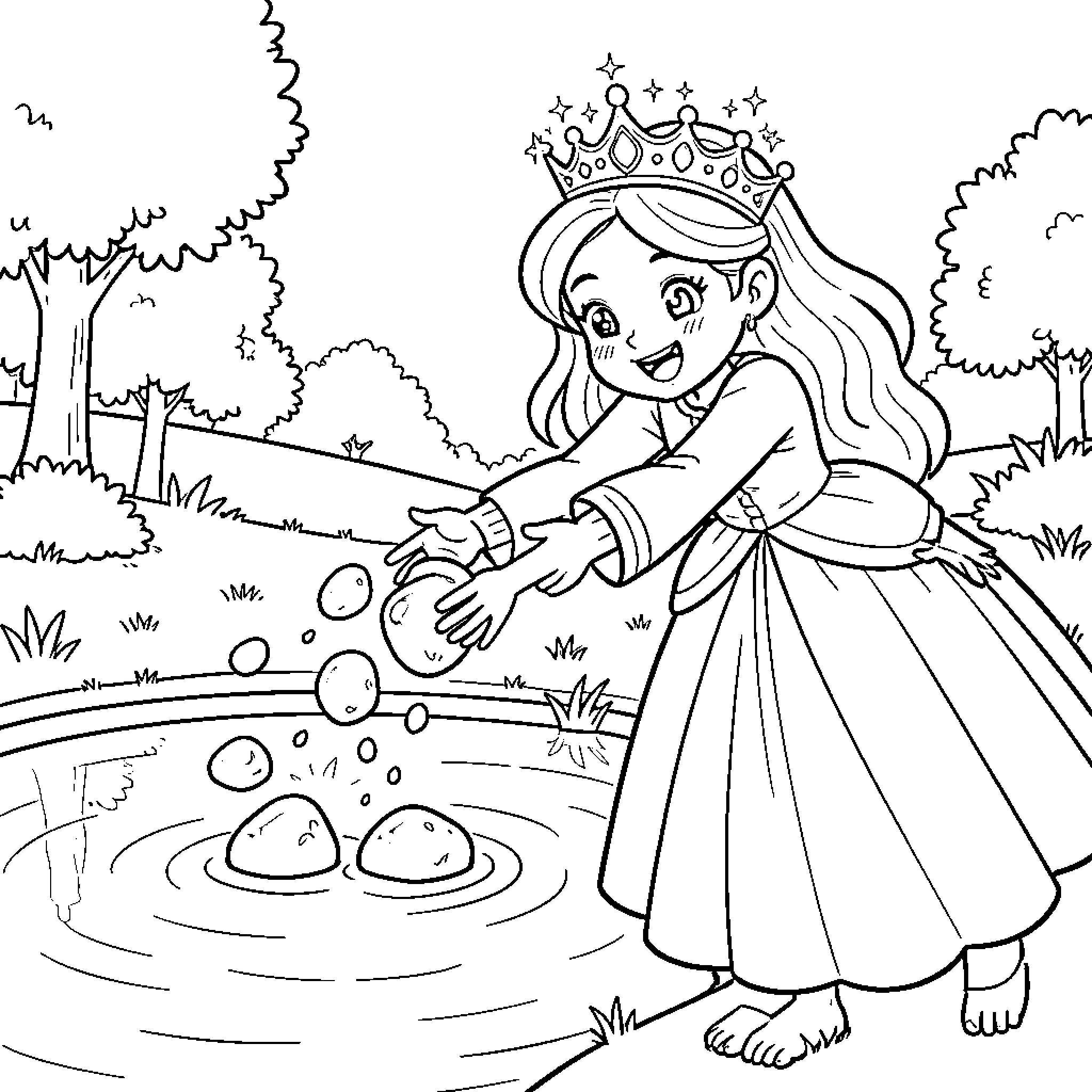 Princess Playfully Interacting with Magical Creatures Coloring Page (free black-and-white line drawing printable PDF for all, from beginners to advanced learners, including children, teens, adults, and seniors)
