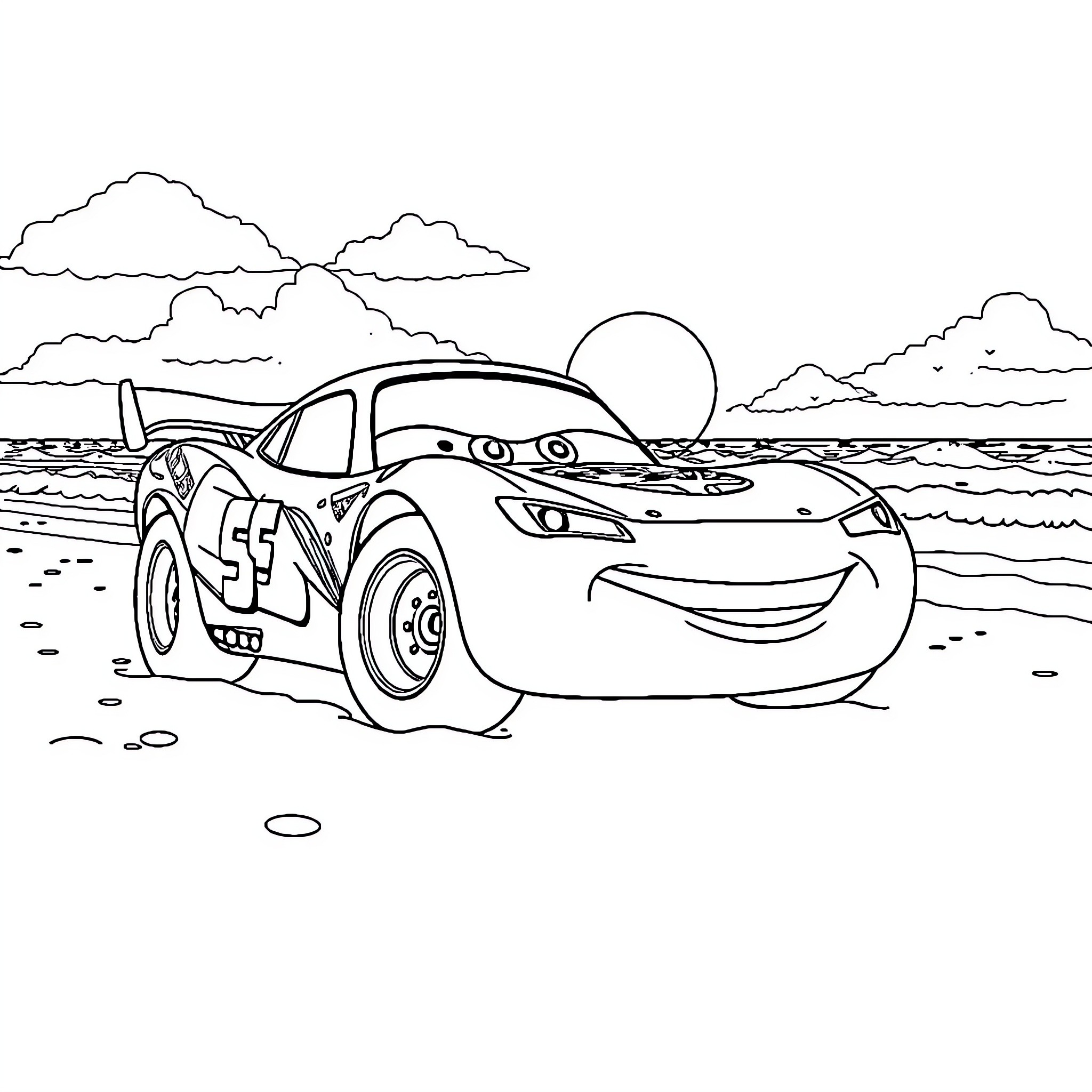 Cars on the Beach Under the Cloudy Sky Coloring Page (free black-and-white line drawing printable PDF for all, from beginners to advanced learners, including children, teens, adults, and seniors)