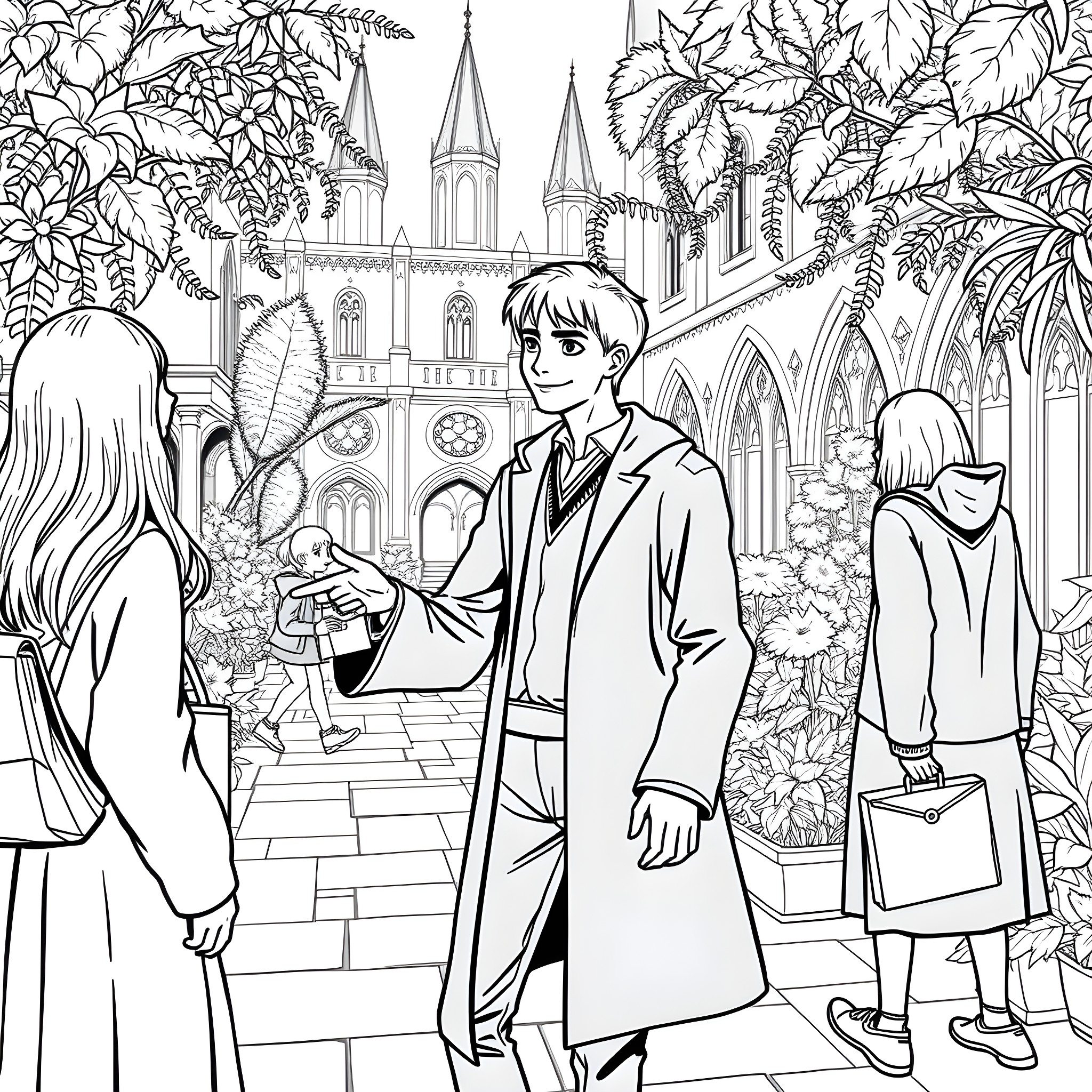 Draco Malfoy strolling through the magical school grounds Coloring Page (free black-and-white line drawing printable PDF for all, from beginners to advanced learners, including children, teens, adults, and seniors)