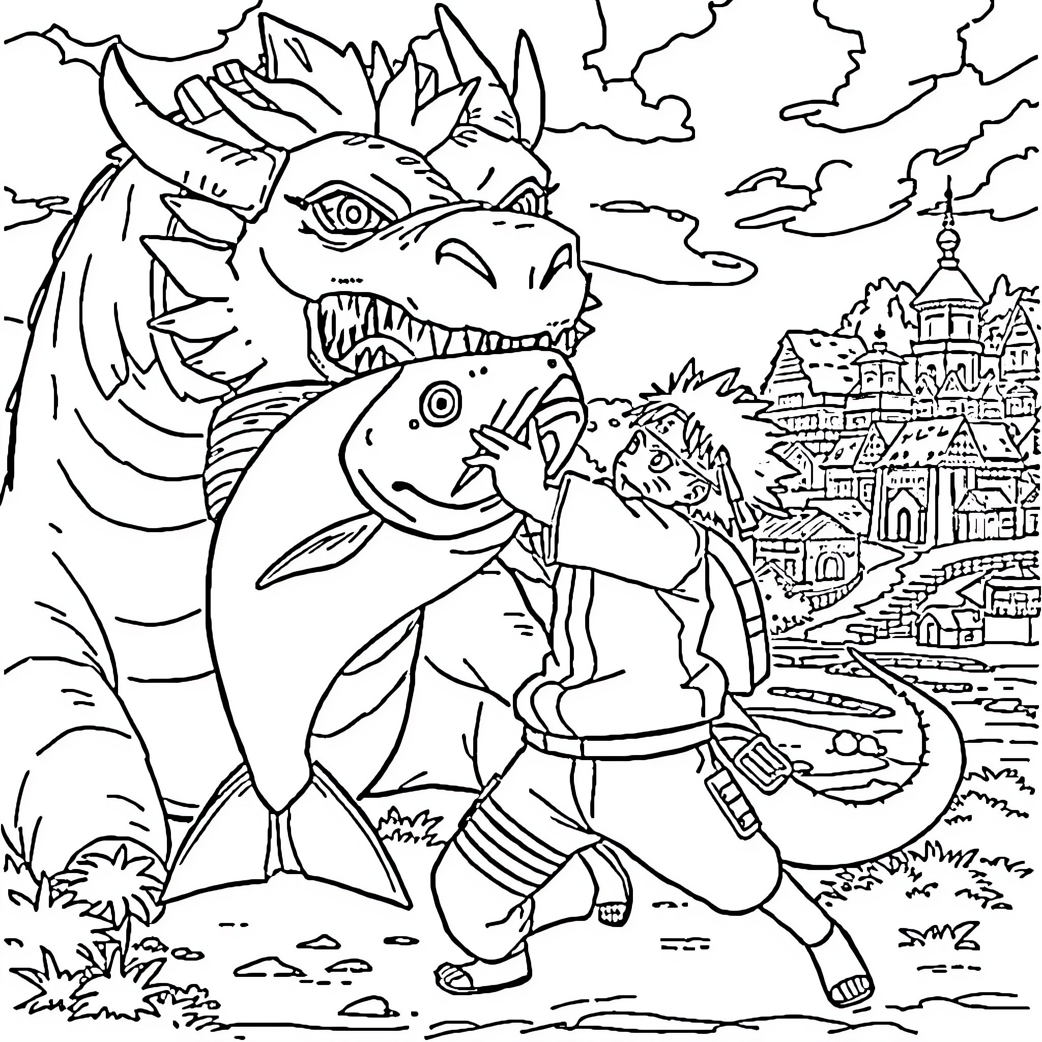 Naruto battles a fierce creature in a fantastical landscape Coloring Page (free black-and-white line drawing printable PDF for all, from beginners to advanced learners, including children, teens, adults, and seniors)
